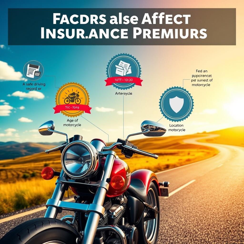 A detailed infographic showcasing the factors affecting motorcycle insurance premiums, set in a well-organized layout. In the foreground, prominently display a stylish motorcycle with a gleaming chrome finish and vivid colors, symbolizing the joy of riding. In the middle, incorporate illustrated elements like badges representing various factors: a safe driving record, age and experience level, type of motorcycle, and location, each with icons or visuals associated with them. The background features a serene, sunny landscape with winding roads, hinting at adventure and freedom. Utilize warm, natural lighting to evoke a sense of optimism. The atmosphere is informative yet engaging, designed to visually attract readers while clearly presenting essential information.