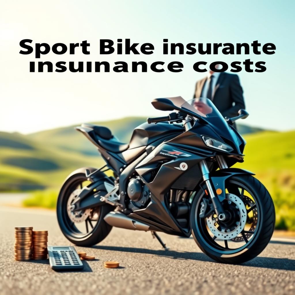 A detailed scene illustrating the concept of sport bike insurance costs. In the foreground, a sleek, modern sport bike stands prominently on a paved road, gleaming under natural sunlight. Surrounding the bike are symbols representing savings, such as a calculator and a stack of coins, suggesting financial management. In the middle ground, a professional individual in a business suit examines paperwork or an insurance quote, conveying a sense of diligence. The background features a smooth, blurred landscape of green hills and a clear blue sky, giving a sense of freedom and adventure. The overall mood is optimistic and focused, with soft daylight illuminating the scene, creating a warm, inviting atmosphere. The image should capture the essence of making informed choices to lower insurance costs, emphasizing professionalism and practicality.