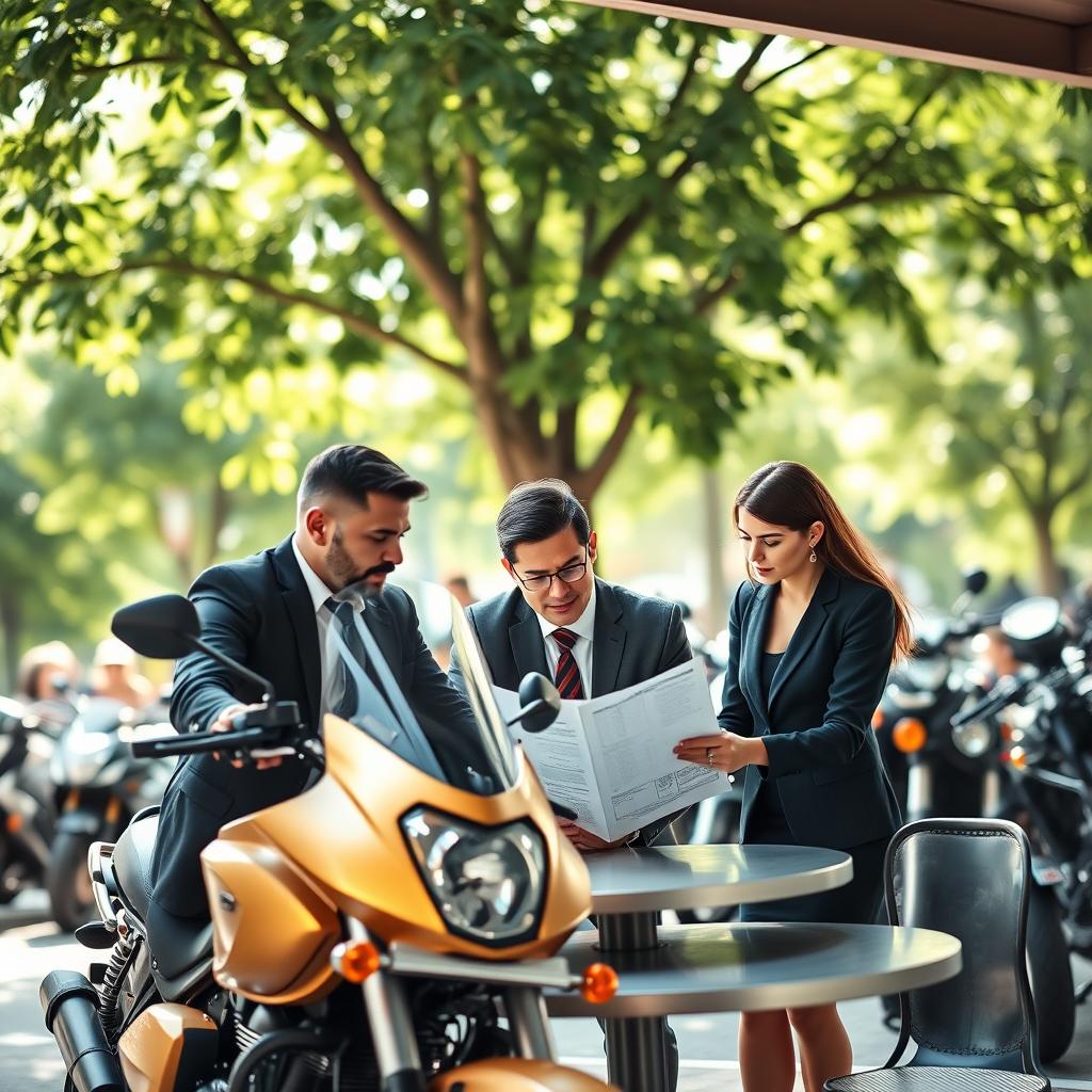 A detailed scene showcasing motorcycle insurance coverage requirements, featuring a diverse group of motorcyclists in professional business attire discussing policy documents at a bright outdoor café. In the foreground, focus on a gold-colored motorcycle parked next to a round table, where three individuals—one man and two women—lean over an open document, reviewing details with serious expressions. In the middle, lush green trees provide dappled sunlight, enhancing the sense of a relaxed yet professional environment. In the background, subtly blurred silhouettes of various motorcycles symbolize the diversity of coverage options. Soft, natural lighting enhances the atmosphere, creating a warm and inviting tone, while a slightly shallow depth of field directs attention to the characters and their discussion of insurance requirements by state.