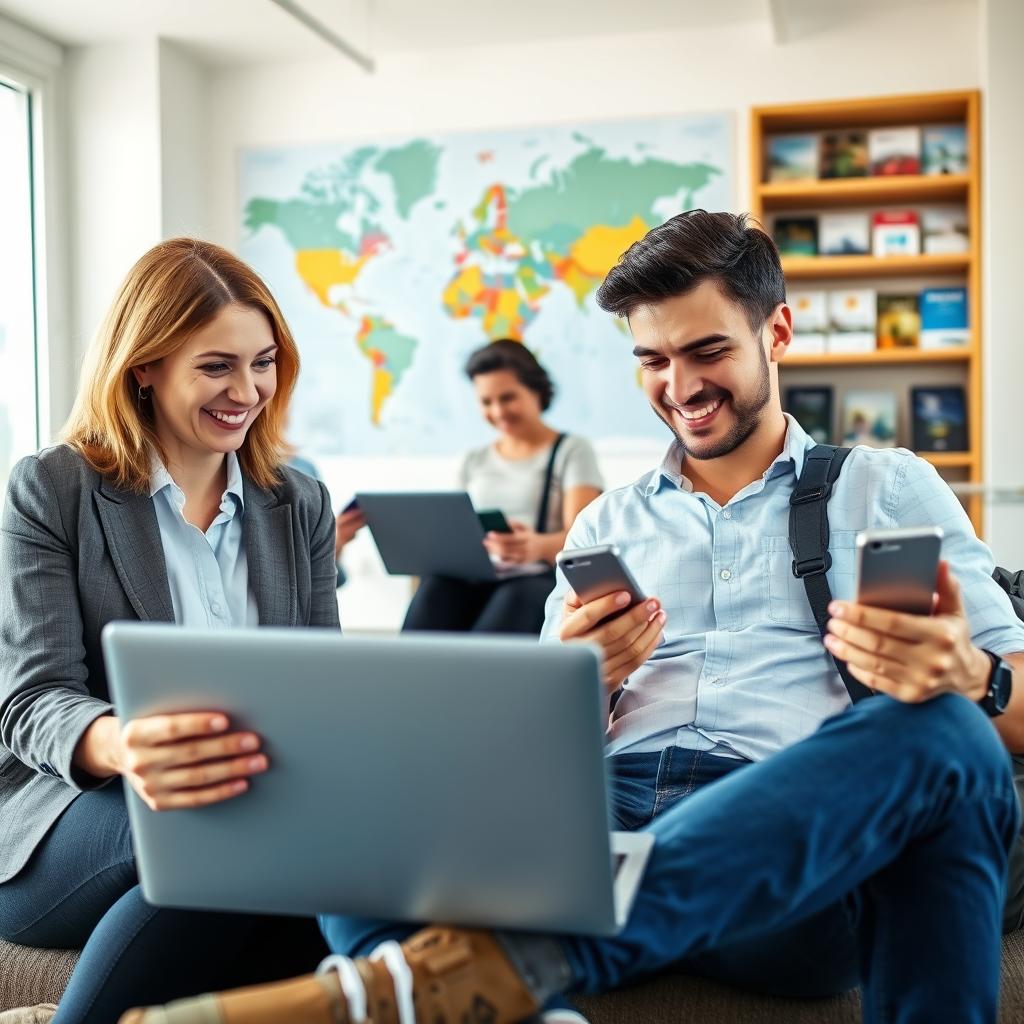 A diverse group of travelers is gathered in a bright, airy office space, reviewing travel insurance options on laptops and mobile devices. In the foreground, a middle-aged woman in a professional outfit smiles while discussing plans with a young man in casual attire, both focused on a laptop screen displaying budget travel insurance quotes. The middle ground features a large, colorful world map on the wall, emphasizing the theme of global travel. In the background, shelves neatly organized with travel brochures and insurance pamphlets create a welcoming atmosphere. Soft, natural lighting pours in from large windows, casting a warm glow over the scene. The mood is optimistic and collaborative, reflecting the excitement of finding affordable travel insurance for their adventures.