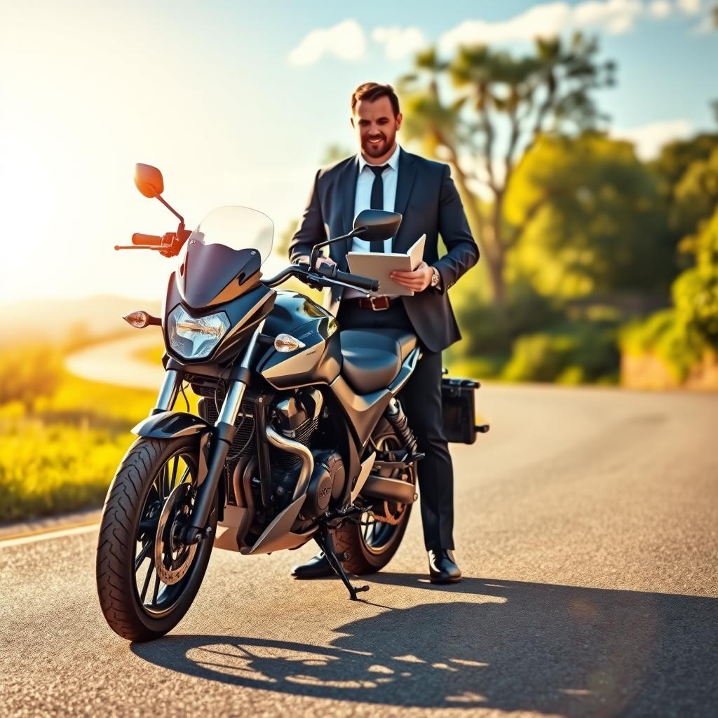 A dynamic and engaging scene showcasing a full coverage motorcycle insurance concept. In the foreground, a pristine motorcycle stands proudly, gleaming under soft sunlight, symbolizing freedom and adventure. The middle ground features a confident, professionally dressed individual examining the motorcycle, with a reassuring expression, holding a clipboard that suggests careful consideration of insurance details. The background includes a peaceful, open road winding through a scenic landscape, with vibrant greenery and blue skies, evoking a sense of safety and protection. The lighting is warm and inviting, creating a sense of optimism and security. The overall mood is professional yet approachable, highlighting the importance of comprehensive coverage for motorcycle enthusiasts. A dynamic and engaging scene showcasing a full coverage motorcycle insurance concept. In the foreground, a pristine motorcycle stands proudly, gleaming under soft sunlight, symbolizing freedom and adventure. The middle ground features a confident, professionally dressed individual examining the motorcycle, with a reassuring expression, holding a clipboard that suggests careful consideration of insurance details. The background includes a peaceful, open road winding through a scenic landscape, with vibrant greenery and blue skies, evoking a sense of safety and protection. The lighting is warm and inviting, creating a sense of optimism and security. The overall mood is professional yet approachable, highlighting the importance of comprehensive coverage for motorcycle enthusiasts.
