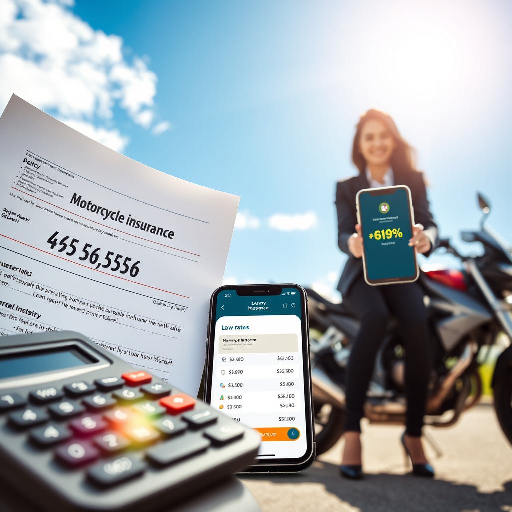 A dynamic scene depicting the concept of "cheap motorcycle insurance rates." In the foreground, a close-up of a calculator displaying affordable figures, alongside a motorcycle insurance policy document, highlighting costs. In the middle ground, a cheerful, professional-looking person in business attire holding a smartphone, which showcases an insurance app with low rates. In the background, a bright, sunny day with a clear blue sky and a parked motorcycle, symbolizing freedom and adventure. The overall mood is optimistic and reassuring, illustrating the ease of finding affordable insurance. Soft, natural lighting enhances the inviting atmosphere, with a slight lens flare for a vibrant touch. A dynamic scene depicting the concept of "cheap motorcycle insurance rates." In the foreground, a close-up of a calculator displaying affordable figures, alongside a motorcycle insurance policy document, highlighting costs. In the middle ground, a cheerful, professional-looking person in business attire holding a smartphone, which showcases an insurance app with low rates. In the background, a bright, sunny day with a clear blue sky and a parked motorcycle, symbolizing freedom and adventure. The overall mood is optimistic and reassuring, illustrating the ease of finding affordable insurance. Soft, natural lighting enhances the inviting atmosphere, with a slight lens flare for a vibrant touch.