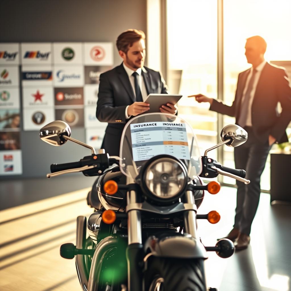A dynamic scene illustrating a motorcycle insurance comparison for cruiser motorcycles. In the foreground, a polished cruiser motorcycle stands proudly, gleaming under soft, natural sunlight. On one side, two friendly individuals in professional business attire are engaged in discussion, pointing at a digital tablet displaying side-by-side comparisons of insurance plans. The middle ground features a sleek, modern office setting with a large window, casting warm sunlight and shadows, enhancing the professional atmosphere. In the background, blurred images of insurance company logos and brochures subtly emerge, emphasizing the theme of comparison. The mood is informative and inviting, encouraging viewers to consider their options for cruiser motorcycle insurance. The image is captured at a slight angle to create depth and engagement. A dynamic scene illustrating a motorcycle insurance comparison for cruiser motorcycles. In the foreground, a polished cruiser motorcycle stands proudly, gleaming under soft, natural sunlight. On one side, two friendly individuals in professional business attire are engaged in discussion, pointing at a digital tablet displaying side-by-side comparisons of insurance plans. The middle ground features a sleek, modern office setting with a large window, casting warm sunlight and shadows, enhancing the professional atmosphere. In the background, blurred images of insurance company logos and brochures subtly emerge, emphasizing the theme of comparison. The mood is informative and inviting, encouraging viewers to consider their options for cruiser motorcycle insurance. The image is captured at a slight angle to create depth and engagement.