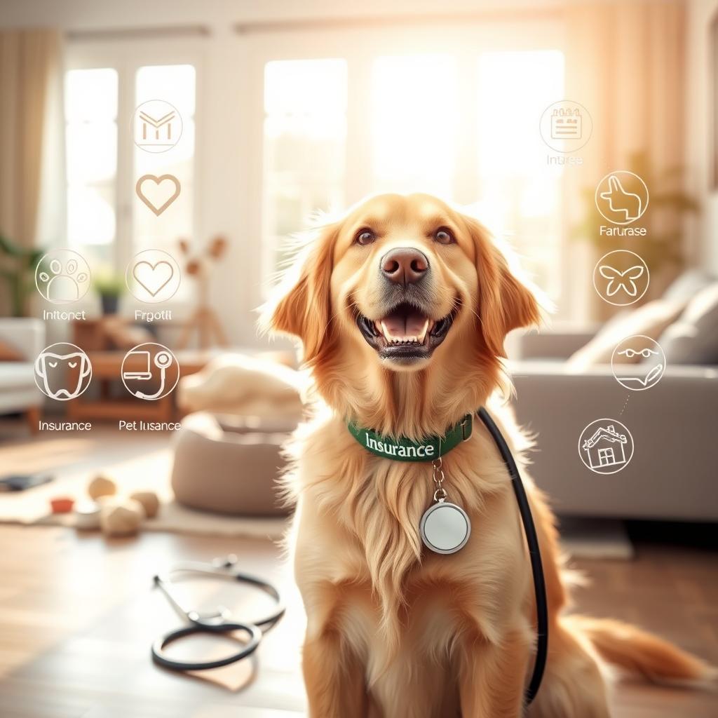 A friendly golden retriever sits in the foreground, wearing a stylish collar with a tag that reads "Insurance." The dog looks happy and healthy, surrounded by various items that symbolize pet insurance features, like a stethoscope, a dog bowl, and medical icons. In the middle ground, a cozy living room is depicted, featuring a dog bed and toys, creating a nurturing environment for pets. In the background, soft sunlight filters through large windows, casting warm light across the scene. The overall atmosphere is uplifting and reassuring, highlighting the importance of protecting pets with insurance. The composition is bright and inviting, using a balanced depth of field to emphasize the dog while keeping the background details pleasantly blurred.