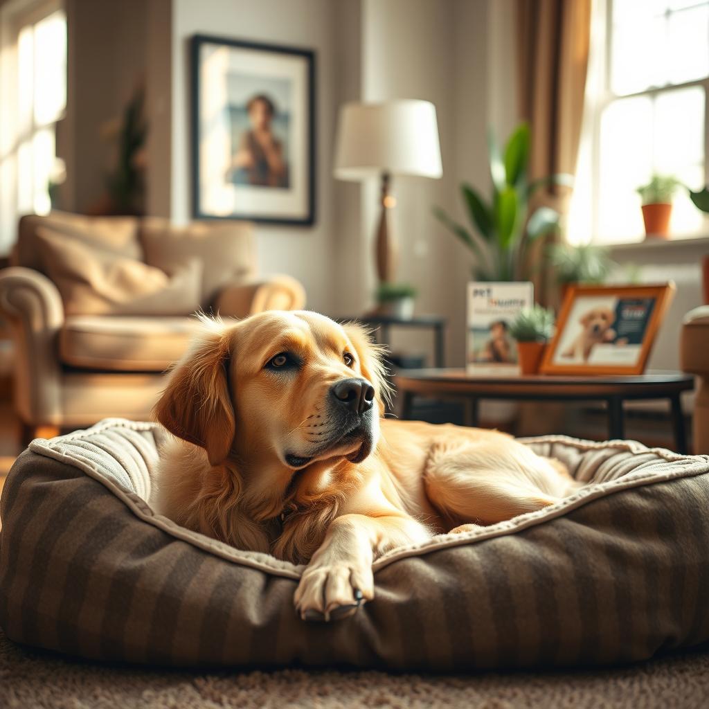 A heartwarming scene of a senior dog resting on a cozy, plush dog bed in a warmly lit living room. In the foreground, the dog, a Golden Retriever with visible gray around the muzzle, gazes contently, exuding tranquility and loyalty. The middle ground features a gently used chair and a small table with a framed photo of the dog as a puppy, symbolizing a lifetime of companionship. Soft, natural light filters through a nearby window, creating a welcoming atmosphere. In the background, potted plants and framed pet insurance brochures are subtly included, emphasizing care and protection for senior pets. The overall mood is comforting and nurturing, illustrating the importance of safeguarding senior pets through insurance.