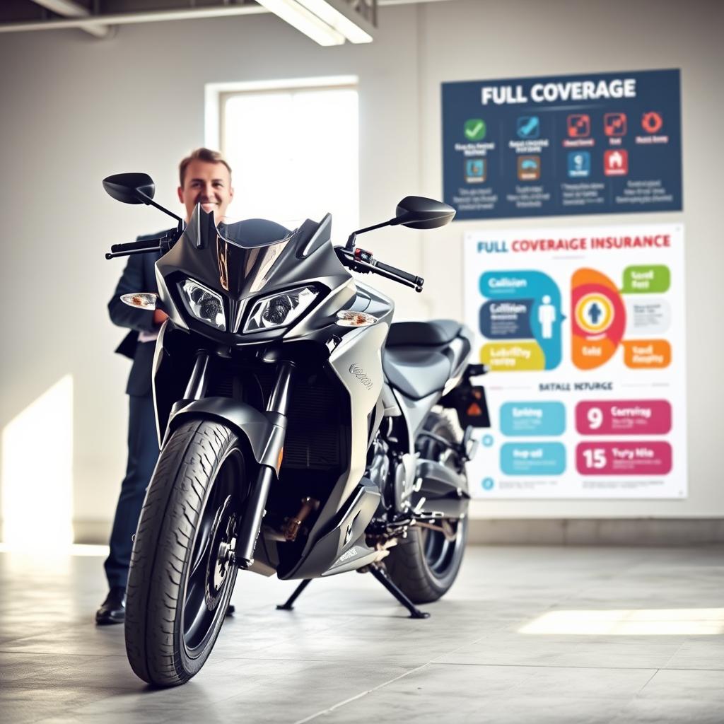 A modern motorcycle parked in a well-lit garage, showcasing its sleek design and chrome details, symbolizing full coverage motorcycle insurance. In the foreground, a friendly insurance agent in professional attire stands beside the motorcycle, holding a clipboard, emphasizing trust and professionalism. The middle ground features a colorful infographic on various types of coverage, like collision, liability, and comprehensive, artistically displayed on the garage wall. In the background, soft natural light filters through a window, illuminating the space, creating a calm and confident atmosphere. The lens captures the scene from a slightly elevated angle, providing depth and focus on both the motorcycle and the agent. The overall mood conveys security, responsibility, and assurance in motorcycle insurance coverage. A modern motorcycle parked in a well-lit garage, showcasing its sleek design and chrome details, symbolizing full coverage motorcycle insurance. In the foreground, a friendly insurance agent in professional attire stands beside the motorcycle, holding a clipboard, emphasizing trust and professionalism. The middle ground features a colorful infographic on various types of coverage, like collision, liability, and comprehensive, artistically displayed on the garage wall. In the background, soft natural light filters through a window, illuminating the space, creating a calm and confident atmosphere. The lens captures the scene from a slightly elevated angle, providing depth and focus on both the motorcycle and the agent. The overall mood conveys security, responsibility, and assurance in motorcycle insurance coverage.