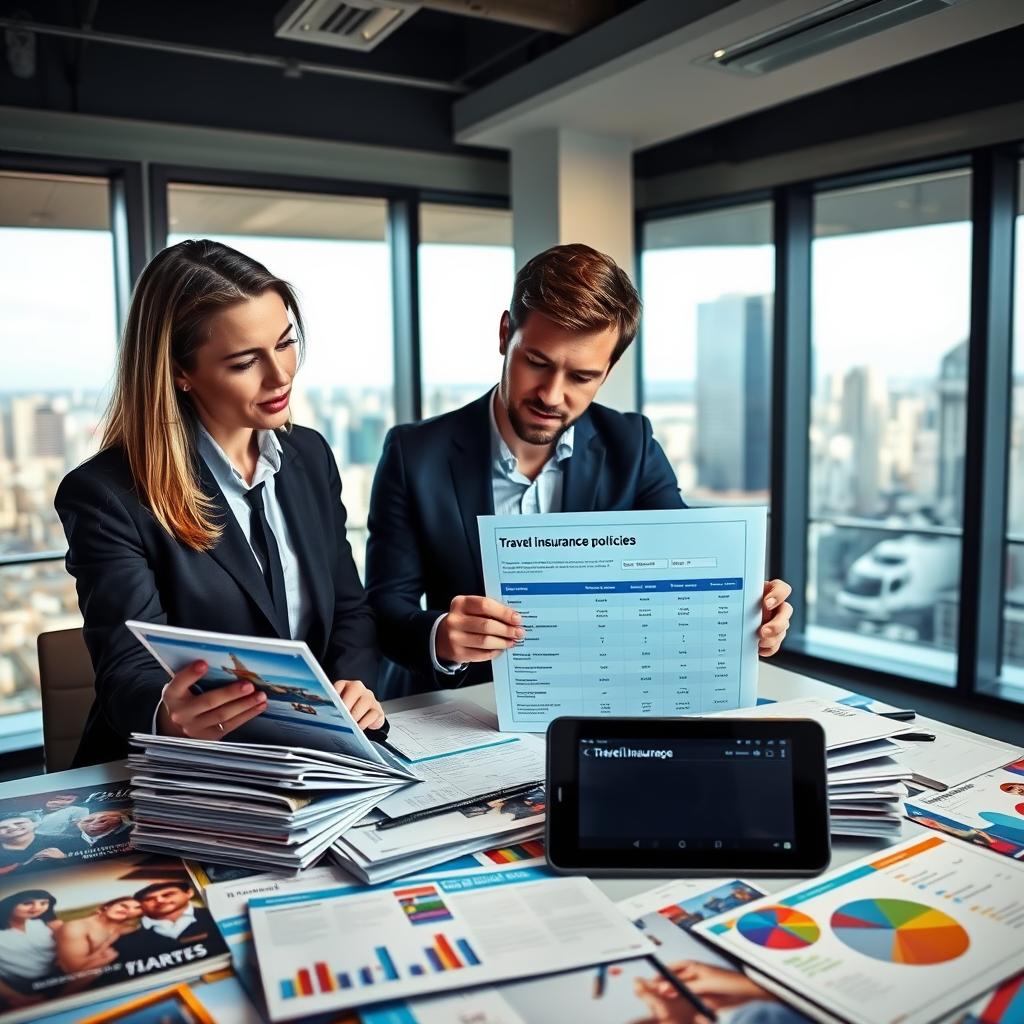 A modern office environment showcasing two professionals, a man and a woman, engaged in a focused discussion around a desk cluttered with documents and comparison charts of travel insurance policies. The foreground features detailed visuals of colorful brochures and digital devices displaying travel coverage options. In the middle, the two figures, dressed in smart business attire, analyze the materials with expressions of concentration. The background contains large windows offering a view of a vibrant cityscape, illuminated by soft natural light, creating an inviting atmosphere. The overall mood is professional and informative, emphasizing decision-making and clarity in choosing the best travel insurance plans.