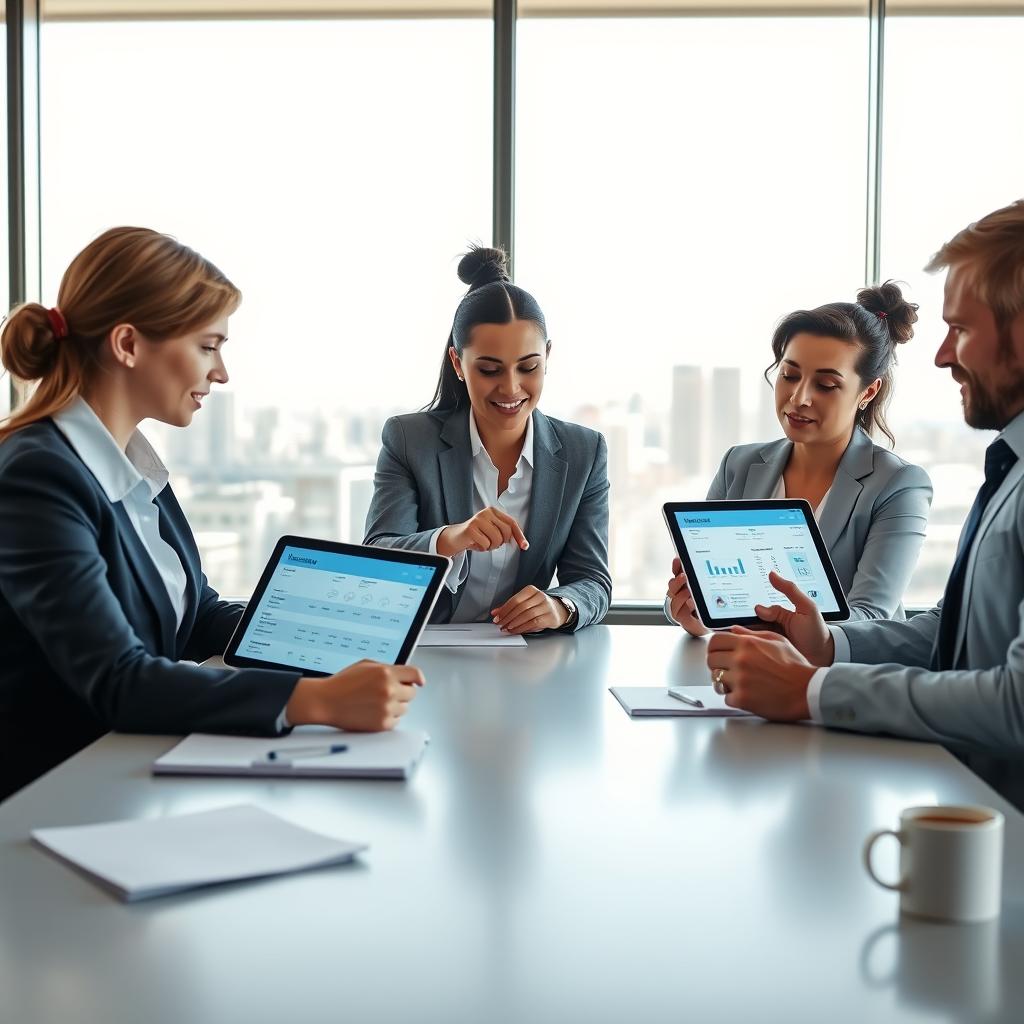 A modern office setting, showcasing a diverse group of three professionals (two women and one man) seated around a sleek conference table, reviewing travel insurance quotes on digital tablets. The foreground features the glowing screens displaying different insurance offers, with highlighted comparisons and graphs. In the middle, the professionals are engaged in discussion, taking notes, and pointing at figures, dressed in smart business attire. The background reveals a large window with a city skyline providing bright natural light that creates a productive atmosphere. Soft, focused lighting enhances the seriousness of the discussion, while a few scattered business documents and a coffee cup add a touch of realism and professionalism to the scene.