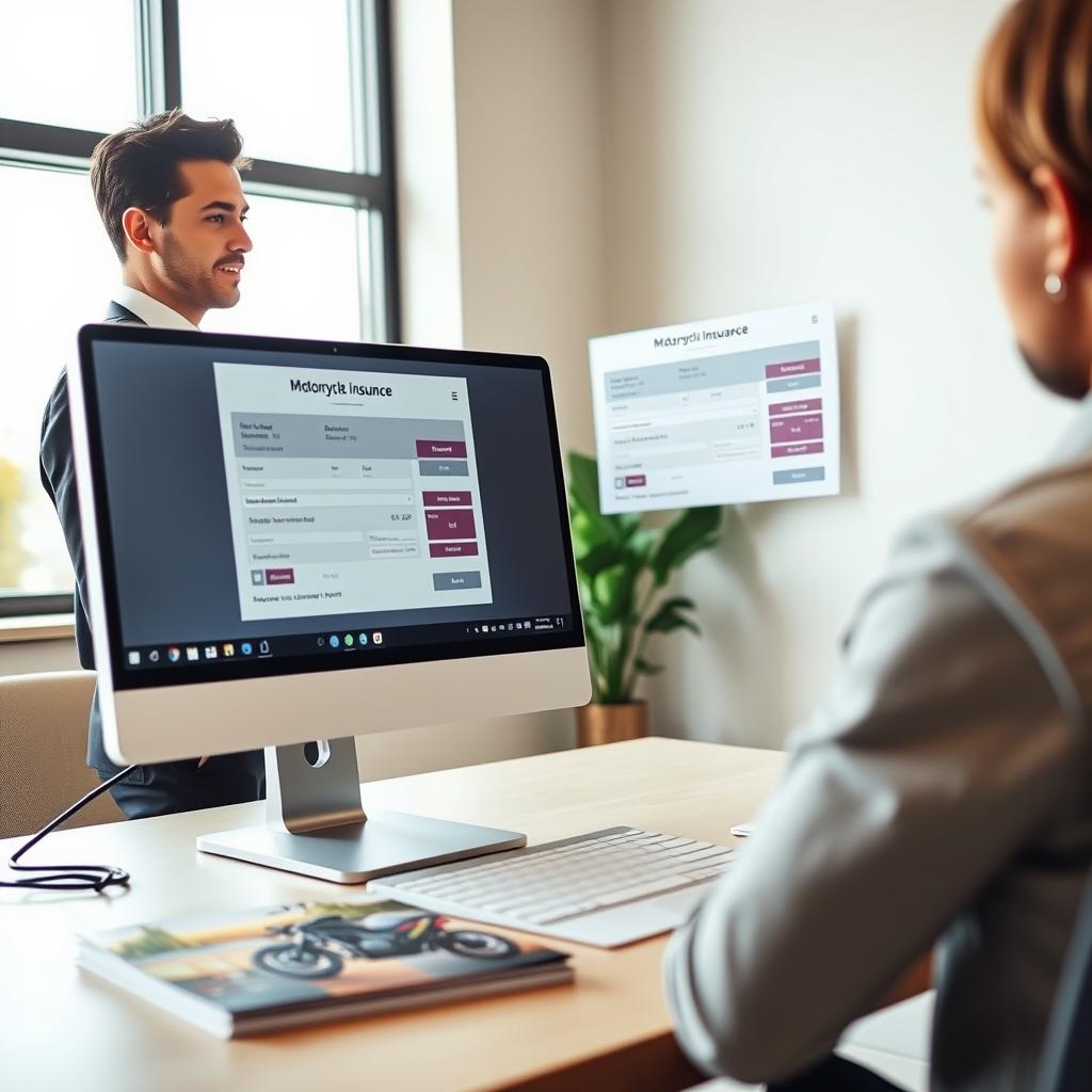 A modern office setting with a sleek desktop computer displaying motorcycle insurance quote forms on the screen. In the foreground, a professional-looking individual in smart casual attire is attentively reviewing the quotes. The middle ground features a well-organized desk with motorcycle-related brochures and a cup of coffee, conveying an atmosphere of productivity and focus. In the background, a large window lets in soft, natural daylight, creating a warm, inviting ambiance. The angle is slightly above eye level, providing a clear view of both the computer screen and the individual’s engaged expression. The overall mood is one of professionalism, clarity, and accessibility, reflecting the ease of obtaining motorcycle insurance quotes.