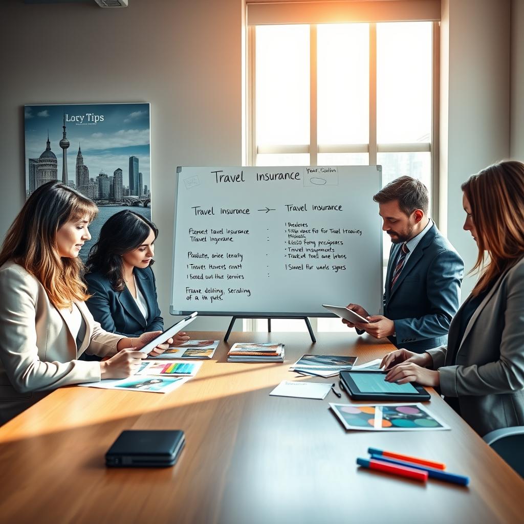 A modern, professional travel insurance comparison scene set in a bright, inviting office. In the foreground, a diverse group of three individuals, dressed in smart business attire, is gathered around a sleek wooden table, analyzing colorful brochures and digital tablets displaying travel insurance options. In the middle ground, a large whiteboard features bullet points outlining key tips for comparing travel policies, neatly written in vibrant markers. The background includes a large window with natural light pouring in, creating an uplifting atmosphere. A travel-themed poster adorns the wall, featuring iconic landmarks. The mood is focused and collaborative, capturing the essence of smart decision-making for travel insurance. The lighting is soft and warm, emphasizing a professional yet approachable environment.