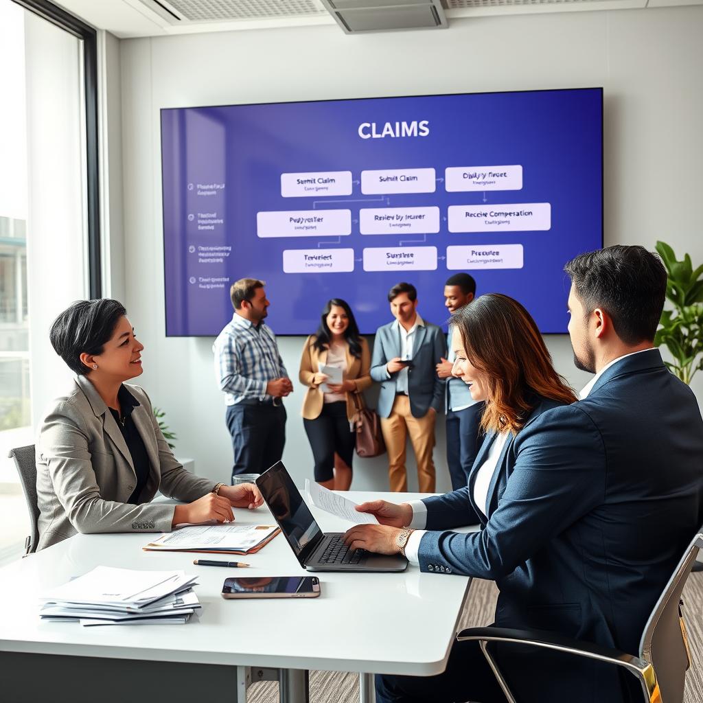 A professional and informative scene depicting the trip insurance claims process. In the foreground, a well-dressed travel agent sitting at a modern desk, reviewing documents and using a laptop. On the middle layer, a diverse group of travelers, including a family and a couple, are engaged in conversation, looking relieved while presenting their claims paperwork. In the background, a large screen displays a flowchart illustrating the claims steps, with bullet points like "Submit Claim," "Review by Insurer," and "Receive Compensation" clearly visible. Bright, natural lighting floods the office, creating a welcoming atmosphere. A wide-angle lens captures the entire setting, emphasizing professionalism and supportiveness in the claims process.