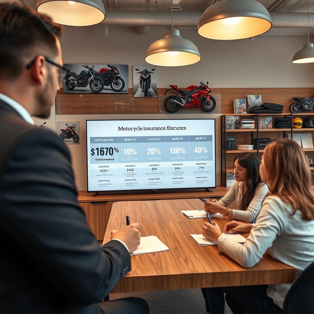 A professional-looking office setting focused on motorcycle insurance discounts. In the foreground, a well-dressed insurance agent, wearing a tailored suit, is discussing various insurance policy options with a couple. The couple is seated at a sleek wooden desk, taking notes and looking engaged. In the middle, a large, aesthetically pleasing graphical presentation of discount percentages and benefits is displayed on a modern screen. The background features motorcycle-themed decor, such as posters of various motorcycles and a shelf filled with insurance brochures and safety gear. Soft, warm lighting from overhead fixtures casts a welcoming atmosphere, creating a sense of professionalism and trust. The camera angle is slightly elevated, capturing the interactions and the detailed visuals of the scene.