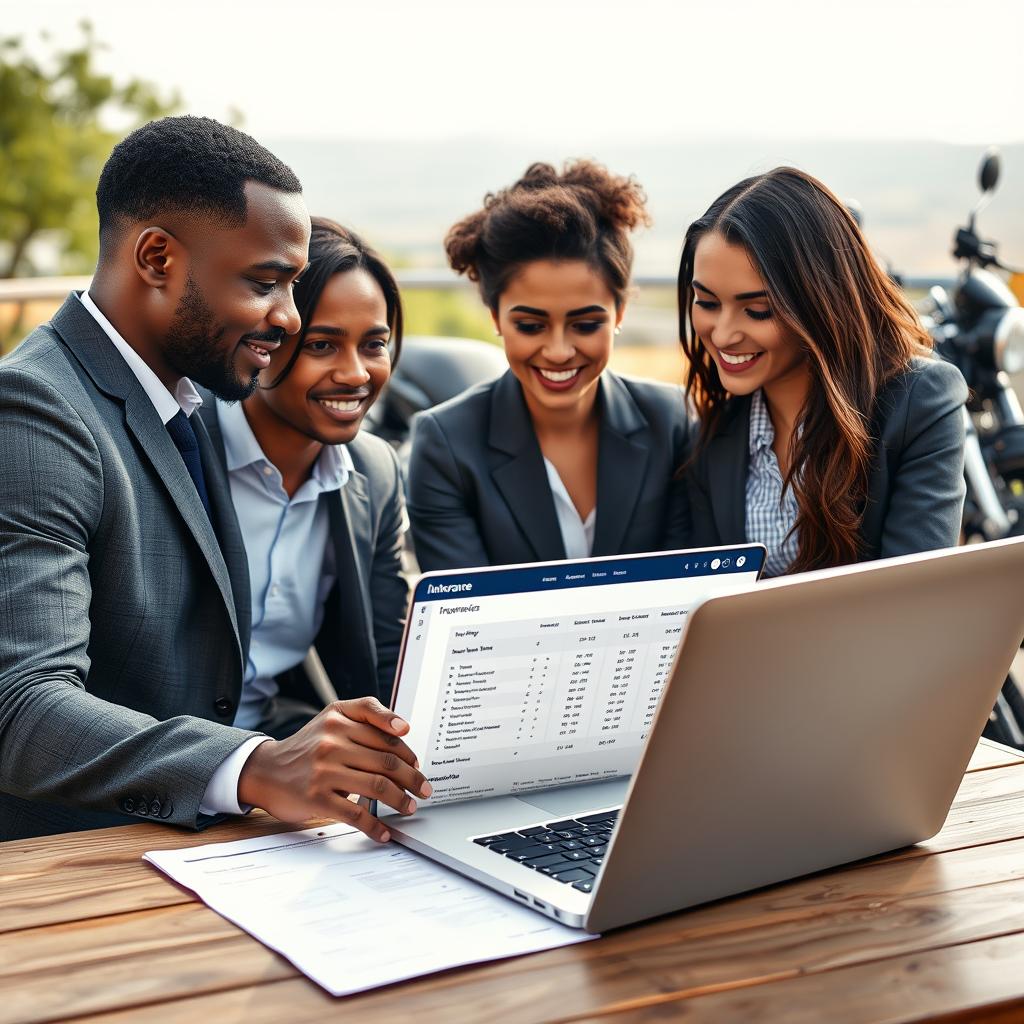 A professional-looking scene depicting a diverse group of people gathered around a laptop, analyzing motorcycle insurance options. In the foreground, include a well-dressed man and woman discussing the comparisons, their expressions focused and engaged. In the middle ground, display an open laptop with a website showing motorcycle insurers, accompanied by charts and policy details. The background features a stylish motorcycle parked against a scenic backdrop of a sunny outdoor environment, suggesting a sense of adventure and freedom. Soft natural lighting illuminates the scene, creating an inviting and informative atmosphere. The overall mood should be one of collaboration and discovery, emphasizing the importance of making informed insurance choices.