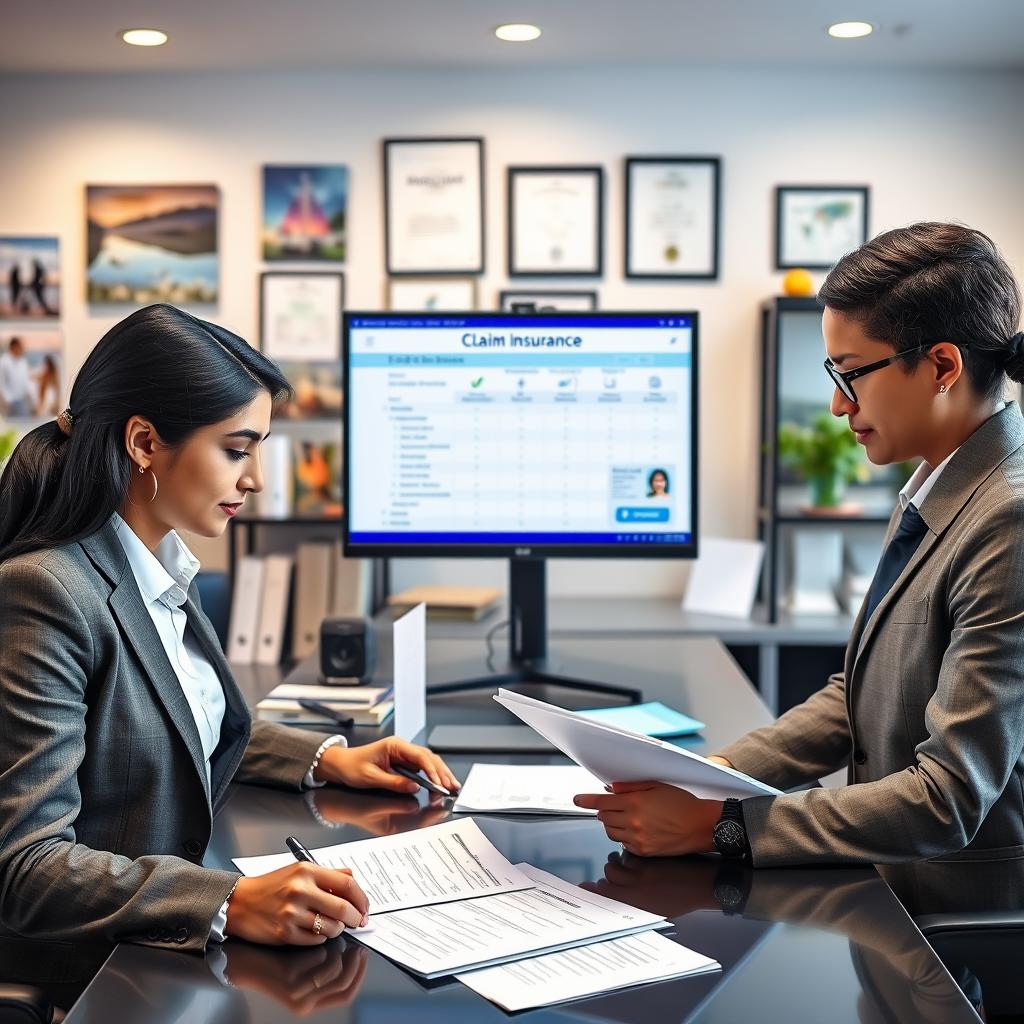 A professional office scene depicting the travel insurance claim process. In the foreground, a diverse team of two individuals in professional business attire: one is filling out a claim form, and the other is assisting by providing relevant documents. In the middle ground, a computer screen displays a detailed claim submission portal, with visible graphs and checklists related to travel insurance. The background features a well-organized office with travel photos, travel brochures, and certificates on the walls, creating a sense of expertise and reliability. Soft, diffused lighting illuminates the scene, creating a focus on the teamwork and process. The mood is cooperative, emphasizing efficiency and clarity in handling claims.