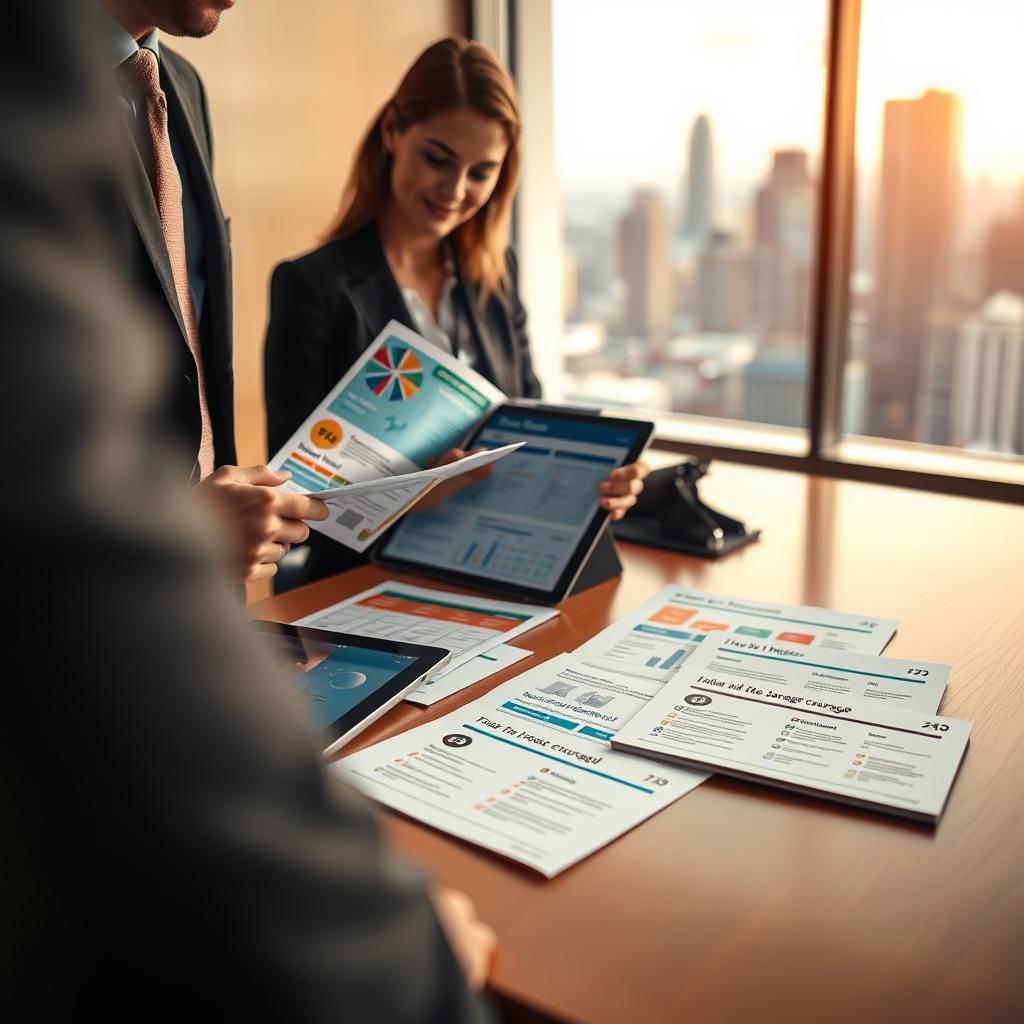 A professional office setting showcasing various trip insurance coverage options laid out on a sleek wooden desk. In the foreground, a travel agent in a smart business suit examines a colorful brochure featuring different coverage plans, with a digital tablet displaying graphs of travel risks beside them. In the middle, a well-organized display of insurance brochures is visible, detailing various benefits like medical coverage, trip cancellations, and lost luggage. The background features a softly lit window with a view of a bustling cityscape, indicating a sense of urgency and adventure. Warm, inviting lighting enhances the atmosphere, creating a focused yet friendly mood that conveys reassurance and professionalism. The image has a shallow depth of field, emphasizing the brochures while keeping the background slightly blurred, focusing on the importance of understanding travel insurance options.