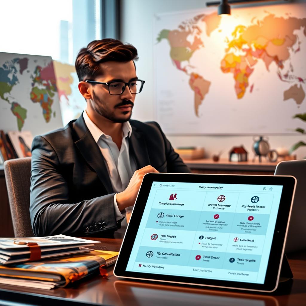 A professional setting depicting a traveler thoughtfully reviewing a travel insurance policy in a modern office environment. In the foreground, a confident individual in smart business attire sits at a desk, surrounded by travel brochures and a laptop opened to a policy comparison webpage. In the middle, a digital tablet displaying key features of various travel insurance policies, highlighted with icons like global coverage, medical assistance, and trip cancellation protection. In the background, a world map and travel souvenirs inspire a sense of adventure. The lighting is warm and inviting, softly illuminating the scene from a nearby window. This composition conveys a mood of assurance and preparedness, emphasizing the importance of being protected while traveling.