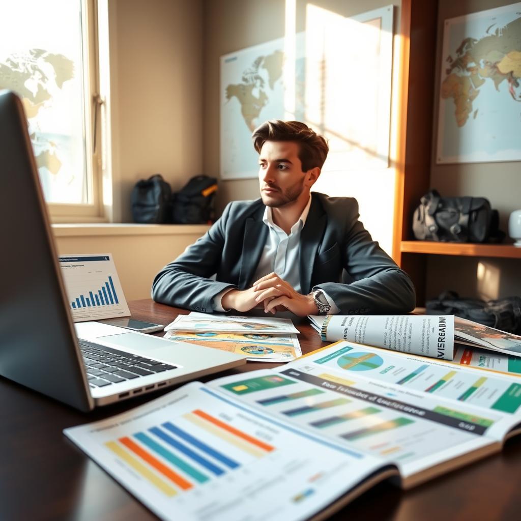 A professional traveler sitting at a stylish desk, reviewing a variety of travel insurance plans on a laptop, surrounded by colorful brochures and documents detailing medical coverage options. The foreground features focused details on the laptop screen showing graphs and coverage comparisons. In the middle, the traveler looks engaged and thoughtful, dressed in smart casual clothing, with a world map and travel gear subtly displayed in the background. The setting is well-lit with natural sunlight streaming through a nearby window, creating a warm and inviting atmosphere. The composition should evoke a sense of preparation and security, emphasizing the importance of being well-informed about medical coverage while traveling.