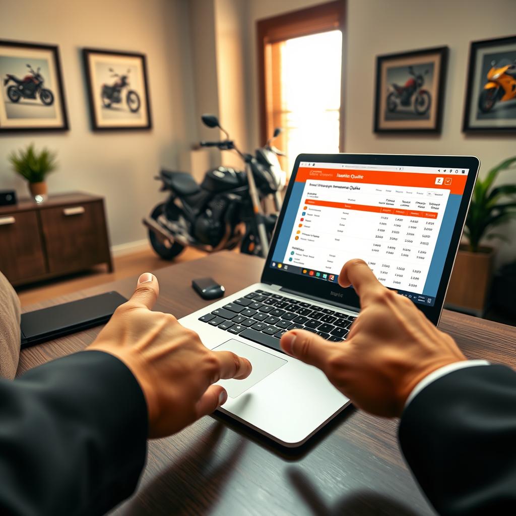 A professional yet inviting office scene set up for evaluating motorcycle insurance quotes, featuring a desk with a sleek laptop open to a vibrant webpage displaying various quotes. In the foreground, a pair of hands, clad in smart business attire, gestures towards the screen, highlighting the information. The middle background includes a motorcycle parked beside the desk, symbolizing the subject matter. The walls are adorned with tasteful motorcycle-themed artwork, enhancing the atmosphere. Soft, natural light filters through a window, casting a warm glow over the scene. The angle is slightly above eye level, making the desk and motorcycle the main focus while giving a sense of professionalism and approachability. The mood is informative and engaging, designed to inspire confidence in obtaining affordable insurance.