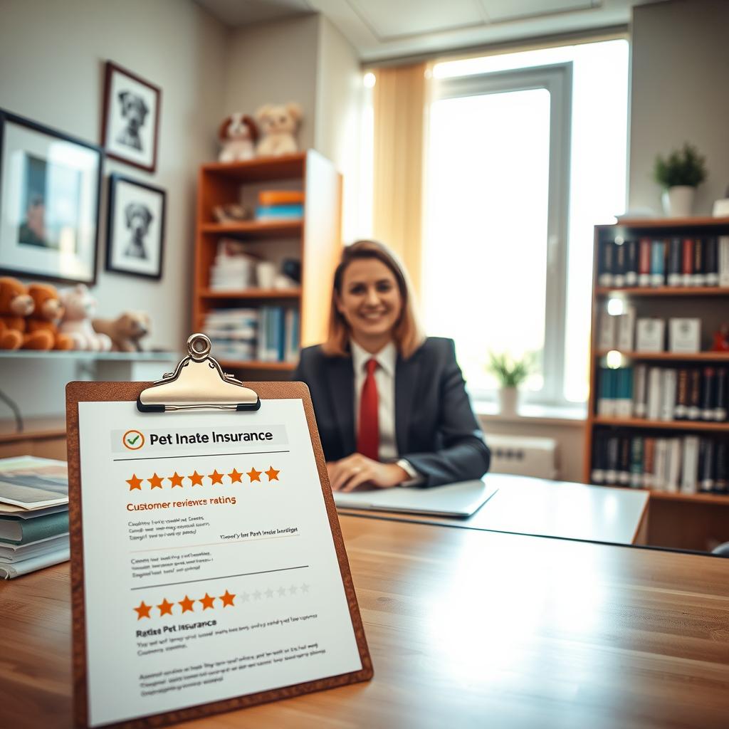 A serene office environment featuring a confident pet insurance representative, dressed in professional business attire, seated at a desk adorned with pet-themed decor like plush toys and framed pictures of happy pets. In the foreground, a clipboard displaying customer reviews and ratings is prominently placed, symbolizing the evaluation of company reputation. The middle ground showcases a large window allowing soft, natural light to illuminate the space, creating a warm and inviting atmosphere. In the background, shelves filled with pet care books and insurance policy documents highlight a sense of expertise and trustworthiness. The mood is positive and reassuring, conveying a sense of reliability for pet owners seeking the best insurance for their furry companions. The angle should be slightly elevated, providing a broad view of the space.