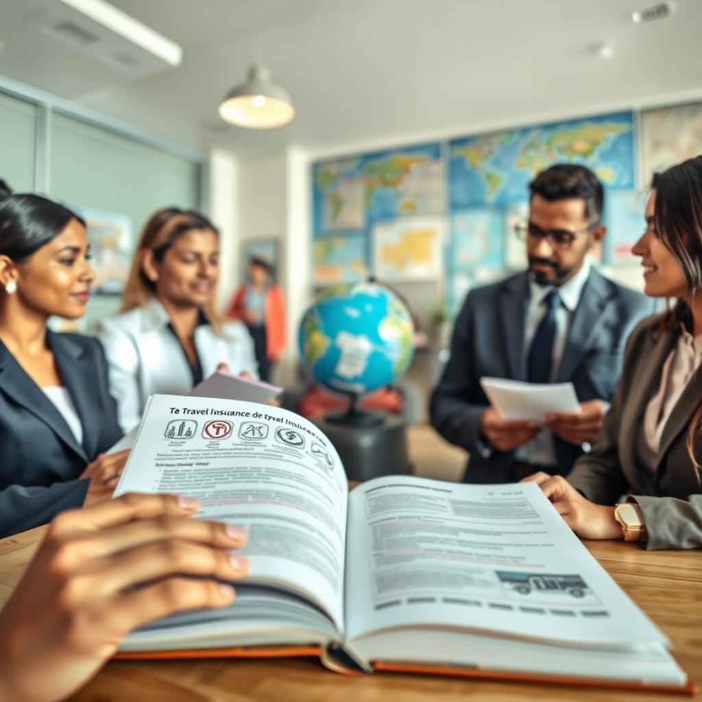 A serene travel insurance theme showcasing important factors to consider. In the foreground, a diverse group of three individuals in professional business attire discussing travel plans and reviewing documents. In the middle, an open travel insurance policy booklet with symbols representing coverage aspects such as medical assistance, trip cancellation, and personal belongings. In the background, an airy travel agency setting with a globe, maps, and travel brochures. Soft, natural lighting illuminates the scene while casting gentle shadows, conveying a mood of preparedness and professionalism. The scene is captured using a wide-angle lens, creating a sense of depth and inviting viewers into the discussion about travel insurance.
