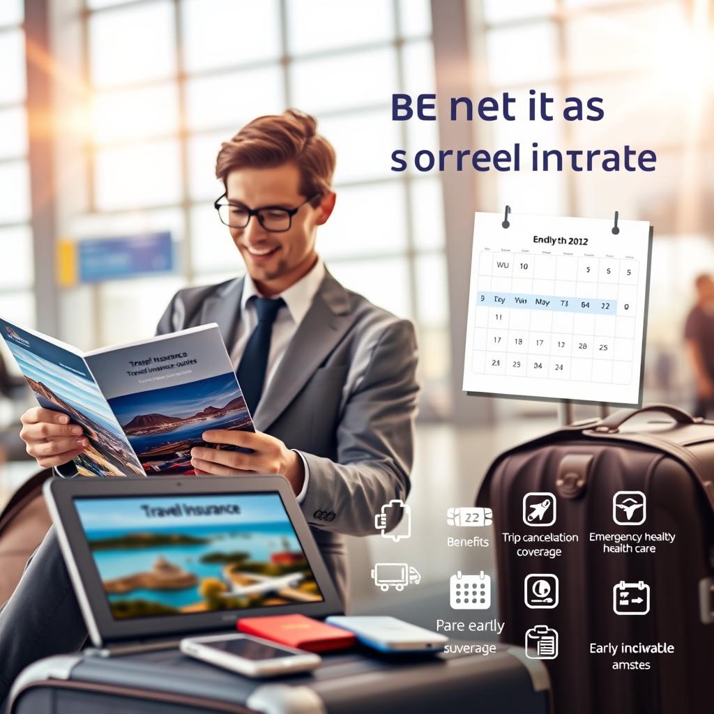 A serene travel scene depicting the benefits of early travel insurance. In the foreground, a professional-looking couple in smart casual attire examines a travel brochure with clear, vibrant images of picturesque destinations. The middle layer features a laptop displaying travel insurance quotes, surrounded by travel essentials like a suitcase, passport, and smartphone. The backdrop shows an airport setting with soft, warm lighting that creates an inviting atmosphere. Sunlight streams through large windows, enhancing the sense of optimism and security. Include subtle elements like a calendar marked with an early booking date and icons representing various travel insurance benefits—like trip cancellation coverage and emergency health care. The overall mood is hopeful and reassuring, emphasizing the importance of planning ahead.