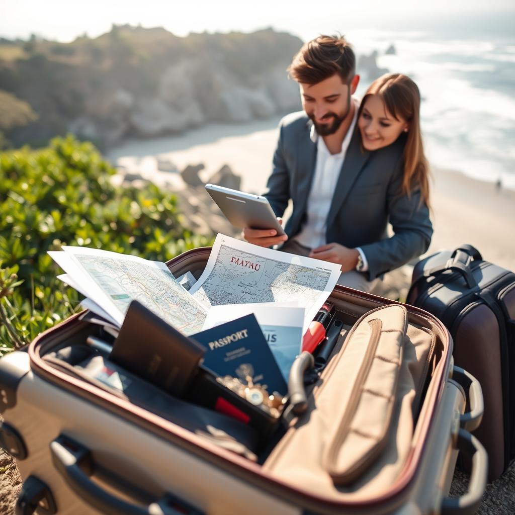 A serene travel scene illustrating the benefits of trip insurance. In the foreground, a professional couple dressed in smart casual clothing, looking content while reviewing their trip itinerary on a tablet. In the middle, a beautifully detailed suitcase overflowing with travel essentials—passport, a map, and travel guides. Surrounding them, soft sunlight filters through greenery, enhancing the peaceful atmosphere. In the background, a picturesque beach with gentle waves rolling in slows down the pace of life, evoking a sense of security and relaxation. The scene is brightly lit, suggesting a hopeful and carefree mood. Shot with a wide-angle lens to capture the entire scene, creating an inviting and optimistic travel experience.