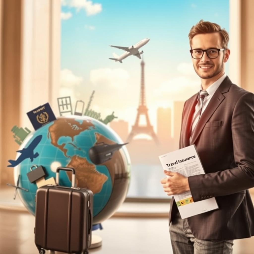 A serene travel scene showcasing a globe surrounded by icons of various travel essentials like a suitcase, passport, and travel insurance documents. In the foreground, a confident professional dressed in smart casual attire, holding a travel insurance policy, stands next to the globe, embodying the importance of protection during uncertain times. In the middle ground, a soft focus silhouette of an airplane taking off against a backdrop of stylized clouds and a bright blue sky, representing hope and adventure. The background features iconic landmarks like the Eiffel Tower and the Statue of Liberty, slightly blurred to enhance depth. Warm, natural lighting creates an inviting atmosphere, emphasizing safety and assurance while traveling during the pandemic.