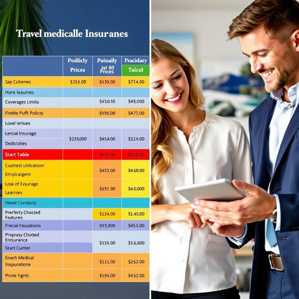 A split-screen image comparing various travel medical insurance plans. On the left side, a well-organized table displaying key features and prices of different insurance policies in vibrant colors. Each row is clear and easy to read, showcasing elements such as coverage limits and deductibles. On the right side, a friendly, professional consultant in smart casual clothing explains options to a couple looking at a digital tablet, their expressions reflecting curiosity and engagement. The background features a travel-themed setting with images of popular destinations like a beach and mountains, softly blurred. The lighting is bright and inviting, creating a mood of trust and clarity, with a focus on professionalism and reliability, captured from a slightly elevated angle for depth.