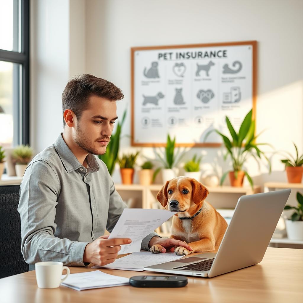 A streamlined pet insurance claims process depicted in a professional office environment. In the foreground, a focused insurance agent, dressed in business casual attire, reviews a claim on a laptop, showcasing pet paperwork and an adorable dog beside them. In the middle, a bright and organized workspace filled with plants and pet-themed decor, emphasizing a welcoming atmosphere. Soft, natural lighting streams in from a nearby window, creating a warm, inviting mood. In the background, an informative bulletin board displays steps for filing a claim, subtly illustrated with icons of pets and documents. The overall scene conveys professionalism, clarity, and a friendly approach to pet insurance.
