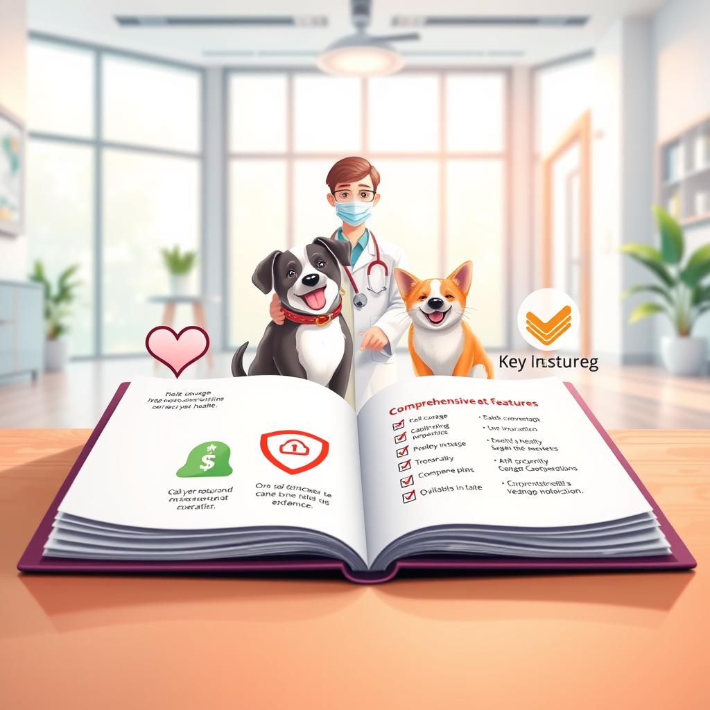A vibrant and informative illustration depicting the key features of pet insurance in a modern and professional setting. In the foreground, an open folder with key feature icons such as a heart symbol for health coverage, a dollar sign for affordability, a shield for security, and a checklist for comprehensive plans. The middle section features a happy dog and cat, symbolizing healthy pets, playfully interacting with a friendly veterinarian in a professional outfit, emphasizing trust and care. In the background, a serene pet clinic with soft natural light coming through large windows, enhancing the warm and reassuring atmosphere. Use a wide-angle lens perspective, focusing on the vibrant colors and details of the insurance features, creating an engaging and informative visual for readers.