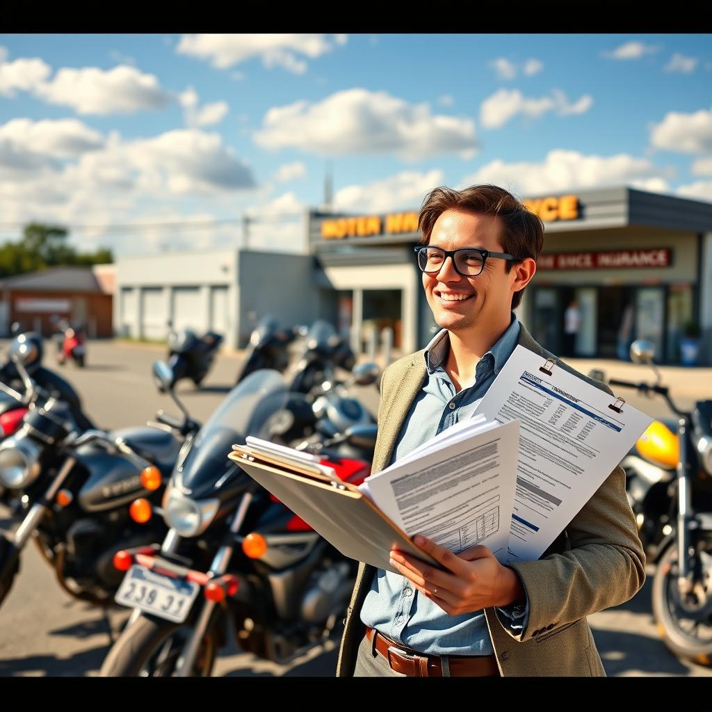 A vibrant image depicting a budget-friendly motorcycle insurance policy, showcasing a confident individual elaborating on affordability options. In the foreground, a person in smart casual attire holds a clipboard with various motorcycle policy documents, smiling and engaging in conversation. The middle ground features a variety of motorcycles parked, illustrating different styles and prices, indicating choices within a budget. In the background, a sunny day with a blue sky, scattered clouds, and a motorcycle shop can be seen, symbolizing the market for affordable insurance options. The overall atmosphere conveys hope and confidence in finding the right insurance, with warm, inviting lighting to enhance the sense of optimism and accessibility. A vibrant image depicting a budget-friendly motorcycle insurance policy, showcasing a confident individual elaborating on affordability options. In the foreground, a person in smart casual attire holds a clipboard with various motorcycle policy documents, smiling and engaging in conversation. The middle ground features a variety of motorcycles parked, illustrating different styles and prices, indicating choices within a budget. In the background, a sunny day with a blue sky, scattered clouds, and a motorcycle shop can be seen, symbolizing the market for affordable insurance options. The overall atmosphere conveys hope and confidence in finding the right insurance, with warm, inviting lighting to enhance the sense of optimism and accessibility.