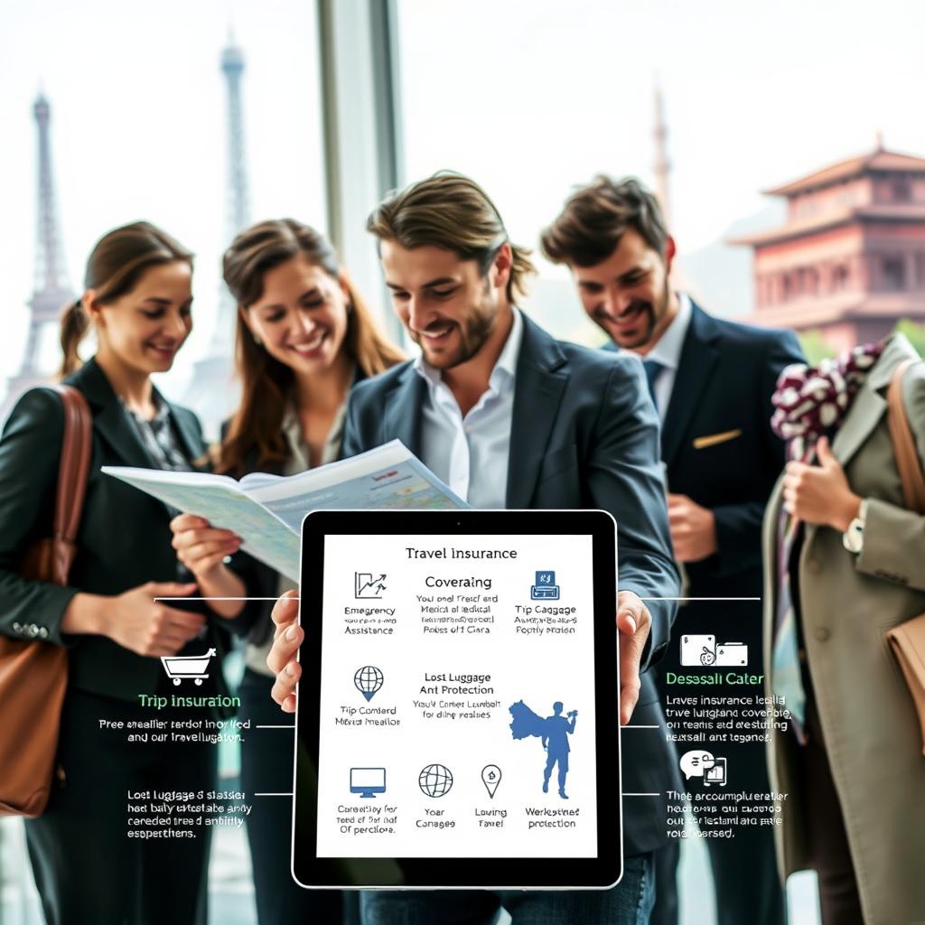 A vibrant scene depicting the benefits of international travel insurance. In the foreground, a diverse group of travelers in business attire are engaged in discussions, reviewing maps and travel itineraries, with expressions of excitement and relief. In the middle ground, a sleek digital tablet displays travel insurance coverage highlights such as "Emergency Medical Assistance," "Trip Cancellation," and "Lost Luggage Protection," illustrated with icons. The background features iconic landmarks like the Eiffel Tower and the Great Wall of China, softly blurred for depth. The overall mood is optimistic and reassuring, with bright, natural lighting creating a welcoming atmosphere. The camera angle is slightly elevated, capturing the essence of adventure and security in global travel.