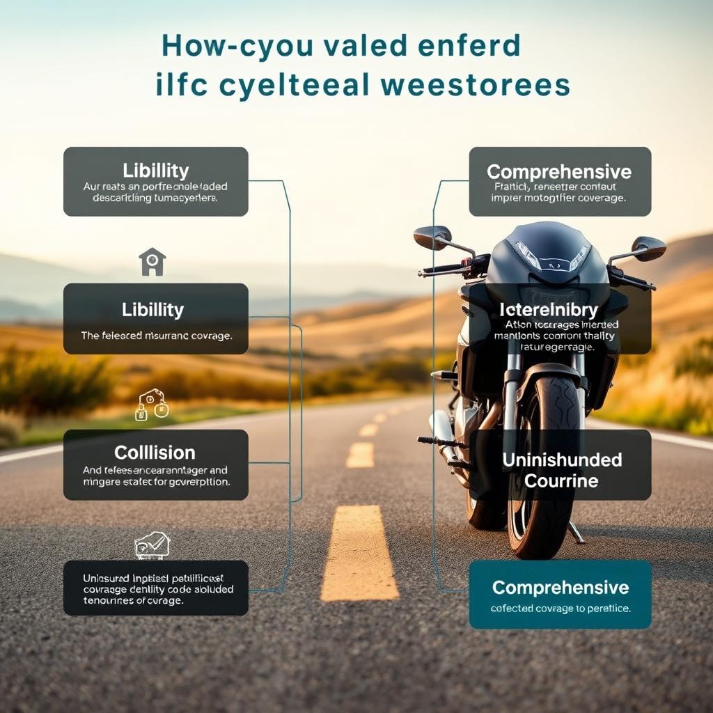 A visually appealing infographic-style image illustrating various motorcycle insurance coverage options. In the foreground, show a sleek motorcycle parked on a well-maintained road, symbolizing freedom and adventure. In the middle, include distinct sections labeled with icons representing coverage types, such as liability, collision, comprehensive, and uninsured motorist coverage. Each section should have a different color to enhance visual clarity. In the background, depict a serene landscape with rolling hills and a clear blue sky, suggesting a safe, enjoyable ride. Use soft, natural lighting to create a warm atmosphere, enhancing the notion of security and protection offered by insurance. The overall mood should be informative yet inviting, targeting motorcycle enthusiasts considering additional coverage options.