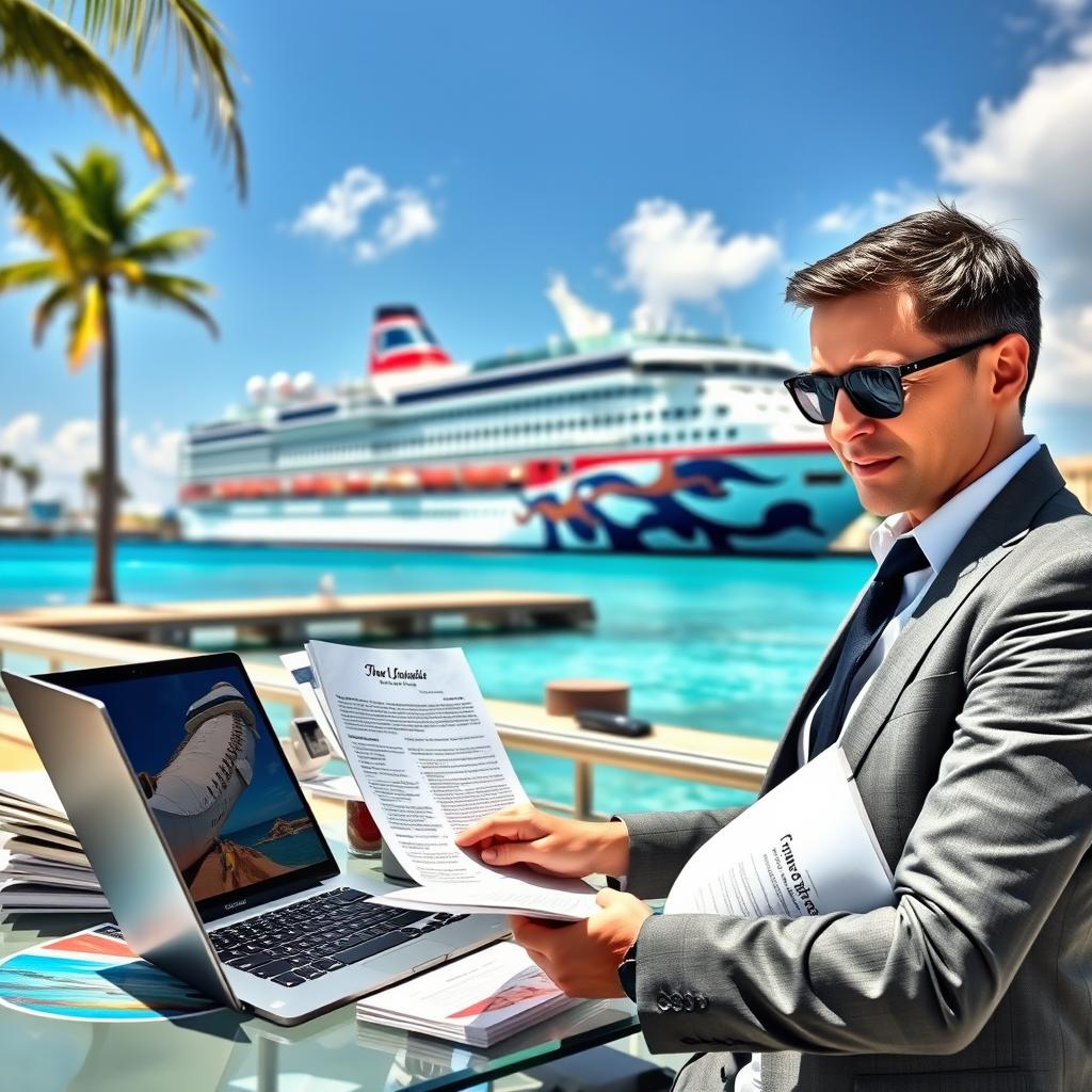 A visually appealing scene depicting the concept of cruise trip insurance. In the foreground, a professional-looking travel agent in smart casual attire reviews insurance documents on a sleek laptop, surrounded by travel brochures featuring various cruise lines. In the middle, a large, colorful cruise ship is docked at a picturesque harbor with clear blue waters and palm trees in the background, symbolizing adventure and relaxation. The lighting is bright and inviting, suggesting a sunny day. The image captures a sense of security and peace of mind regarding travel, with a warm and trustworthy atmosphere. The angle is slightly elevated, allowing for a comprehensive view of the scene while focusing on the agent and the ship.