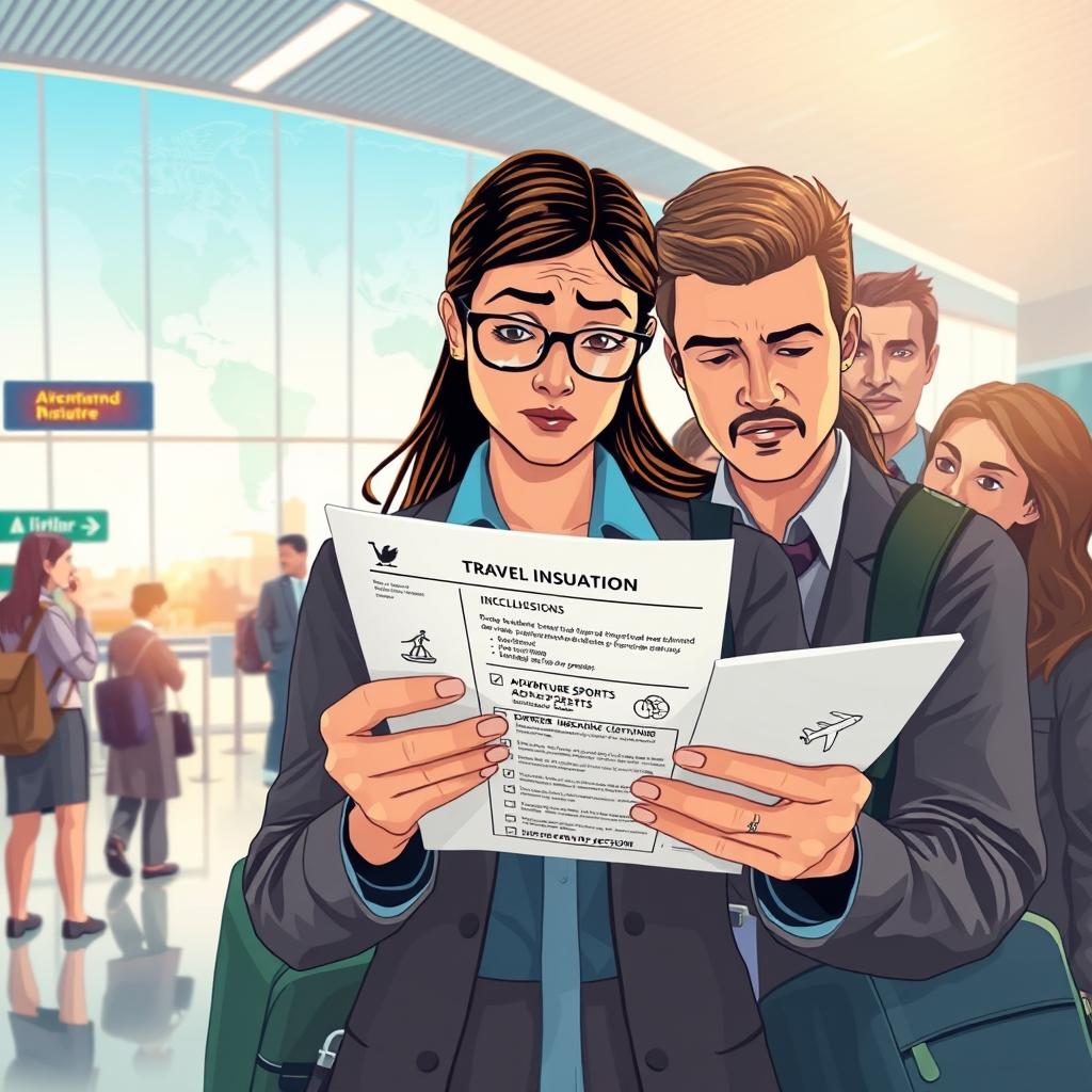 A visually engaging and detailed illustration depicting the concept of international travel insurance exclusions. In the foreground, a diverse group of travelers in professional attire, looking puzzled as they examine a travel insurance policy document, with icons representing common exclusions such as pre-existing conditions, adventure sports, and natural disasters. In the middle ground, a travel scene featuring a busy airport terminal, showcasing various destinations, with travelers going through security checks. In the background, a world map subtly highlighted with countries, symbolizing different international travels. The lighting is bright and inviting, capturing the essence of adventure and the importance of understanding travel insurance, with a clean, modern lens effect that enhances clarity and focus on the travelers and their concerns. The overall mood is thoughtful and informative, conveying the necessity of being aware of potential exclusions in travel insurance policies.