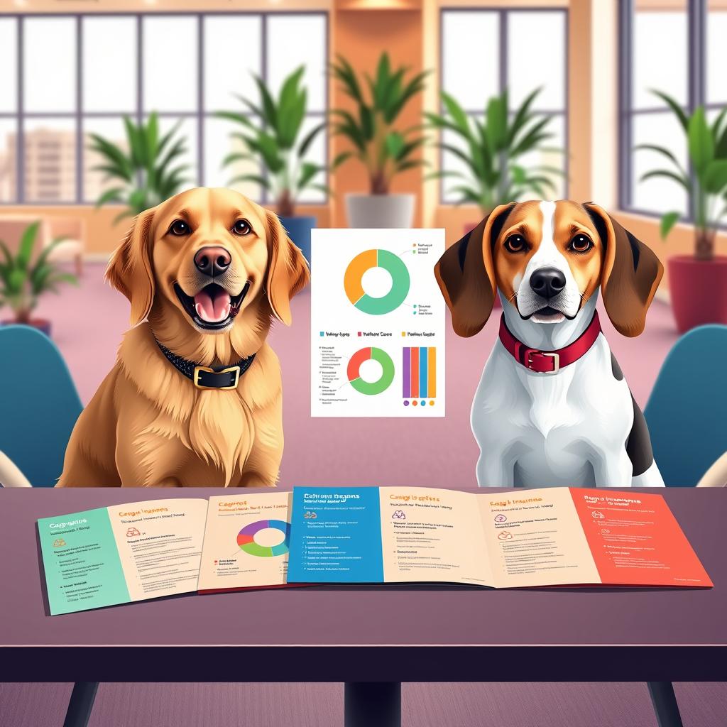 A visually engaging and informative comparison scene showcasing various dog insurance providers. In the foreground, display two friendly dogs—one a golden retriever and the other a beagle—sitting side by side, each wearing stylish collars. In the middle, illustrate a sleek table filled with colorful brochures, each representing different dog insurance companies, showcasing their benefits visually. Include a pie chart and some icons symbolizing coverage options (like vet visits, surgeries, and wellness care) next to the brochures. In the background, create a warm, welcoming office environment with soft lighting, large windows, and potted plants, enhancing a professional yet approachable atmosphere. Capture the scene from a slightly elevated angle to give a comprehensive view, ensuring a balanced and organized composition. The mood should feel informative and inviting, perfect for educating pet owners.