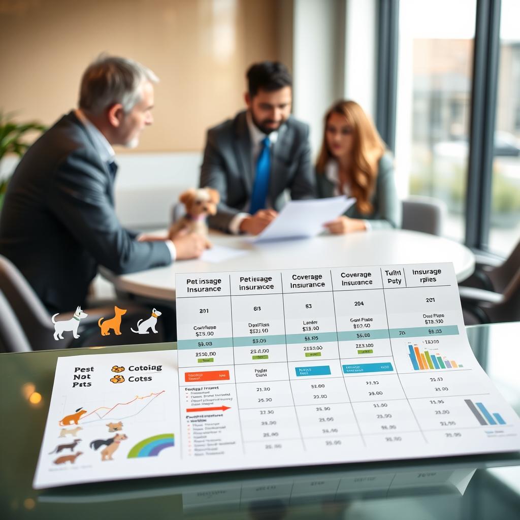 A visually engaging comparison chart of pet insurance providers, featuring a sleek and modern design. In the foreground, include detailed icons representing various pets, such as dogs and cats, alongside colorful charts or graphs that illustrate coverage options and pricing. The middle layer should showcase friendly, professional figures dressed in business attire, discussing insurance plans at a round table. In the background, a soft, inviting office setting with large windows allows for natural light to fill the space, creating a warm and informative atmosphere. The lens focus is sharp on the foreground, with a slightly blurred background to emphasize the discussion. The overall mood is professional yet approachable, ideal for fostering trust in potential pet insurance consumers.