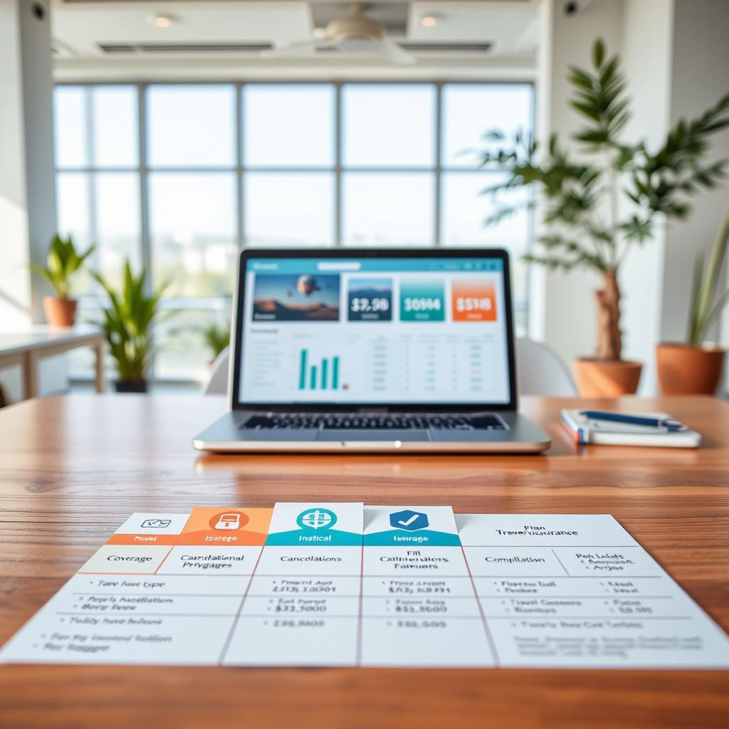 A visually engaging comparison of travel insurance plans, featuring a professional-looking table on a polished wooden desk in the foreground, highlighting various insurance options with icons for coverage types like medical, cancellations, and baggage. In the middle, a laptop displays a travel website with charts and graphs representing costs and benefits. In the background, a bright, airy office environment with large windows and potted plants, suggesting a productive atmosphere. Soft, natural lighting enhances the sense of clarity and professionalism. The mood is informative, inviting readers to understand the cost implications of travel insurance in a clear, approachable manner. The focus is on clarity and accessibility of information without any text or distractions.