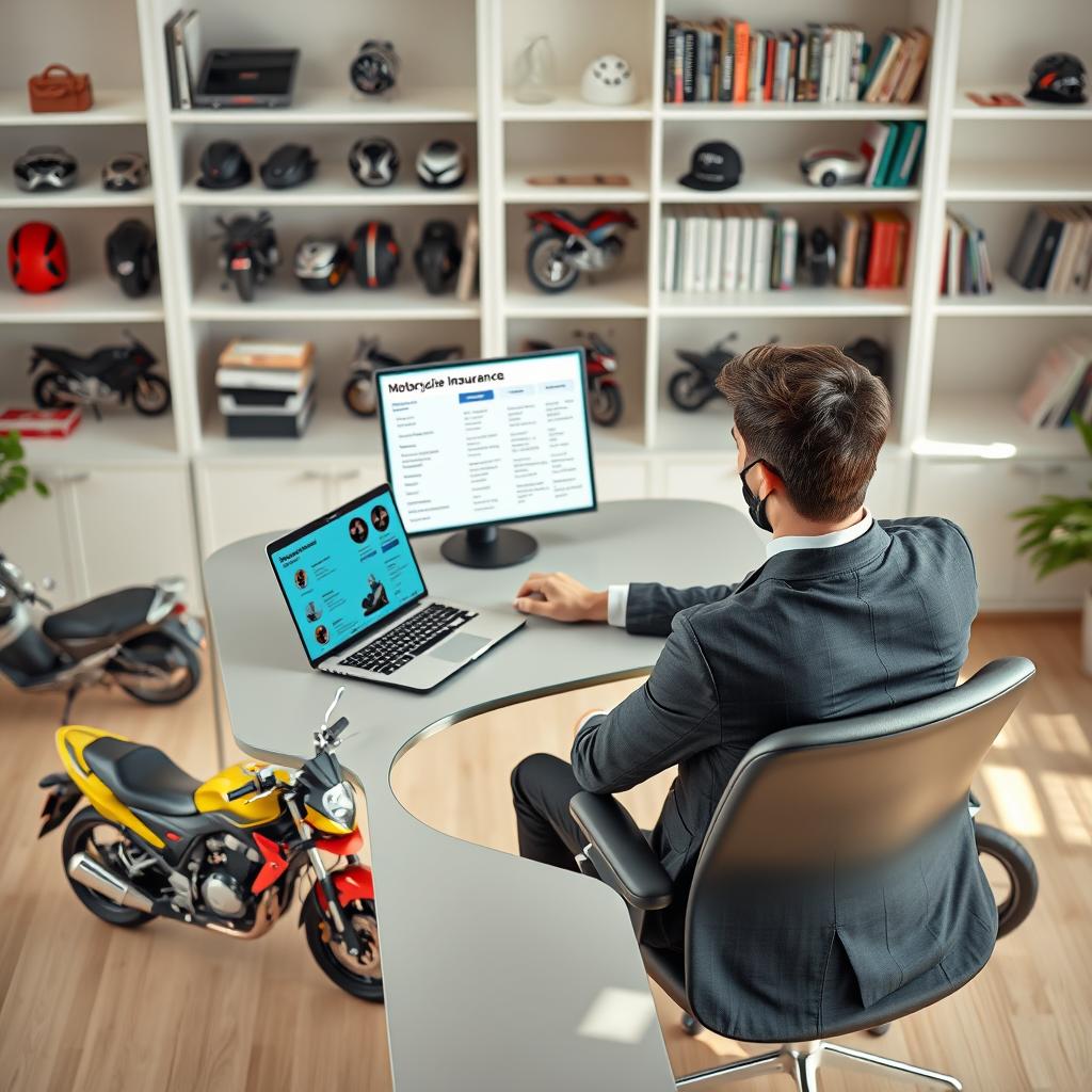 A visually engaging composition illustrating the concept of comparing motorcycle insurance online. In the foreground, depict a person in professional business attire sitting at a sleek, modern desk with a laptop open, showing motorcycle insurance quotes on the screen. In the middle ground, display a colorful array of popular motorcycle models adjacent to the desk, symbolizing the variety of options available. The background should include a softly lit room with well-organized shelves holding motorcycle accessories and books, creating a professional atmosphere. Use bright, natural lighting to enhance clarity and focus, with a slight top-down angle to capture the scene effectively. The overall mood should be informative and reassuring, evoking confidence in motorcycle insurance comparison.