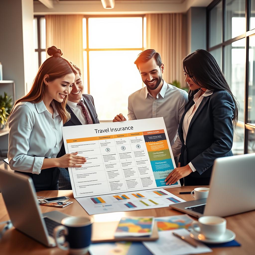 A visually engaging depiction of a travel insurance comparison scene set in a modern, professional office environment. In the foreground, a diverse group of three individuals, wearing professional business attire, examines a large, detailed infographic on a desk that highlights different travel insurance plans and benefits. The middle ground shows a well-organized workspace with laptops open, travel brochures, and coffee cups, evoking a sense of collaboration and inquiry. In the background, a large window lets in warm, natural sunlight, creating a bright and inviting atmosphere. The overall mood is one of curiosity and professionalism, encouraging viewers to consider the importance of travel insurance. Use a wide-angle lens to capture the entire scene, emphasizing the interaction among the individuals as they engage in discussion.
