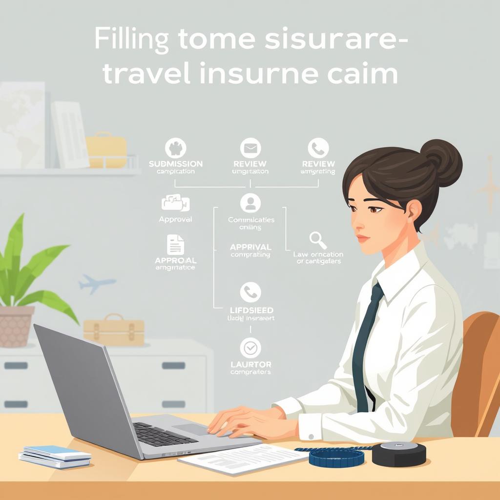 A visually engaging illustration depicting the process of filing a travel insurance claim. In the foreground, a professional-looking individual in smart business attire, sitting at a desk, working on a laptop, surrounded by travel documents and a phone. In the middle ground, a clear and organized flowchart outlining the steps of the claim process, including icons for submission, review, approval, and communication. The background features soft-toned travel-themed décor, like maps and souvenirs, evoking a sense of adventure. Emphasize natural soft lighting to create a calm and focused atmosphere. Use a slight overhead angle to provide a comprehensive view of the workspace and claim process details. The overall mood should be professional yet relatable, inspiring trust and clarity for the viewer.