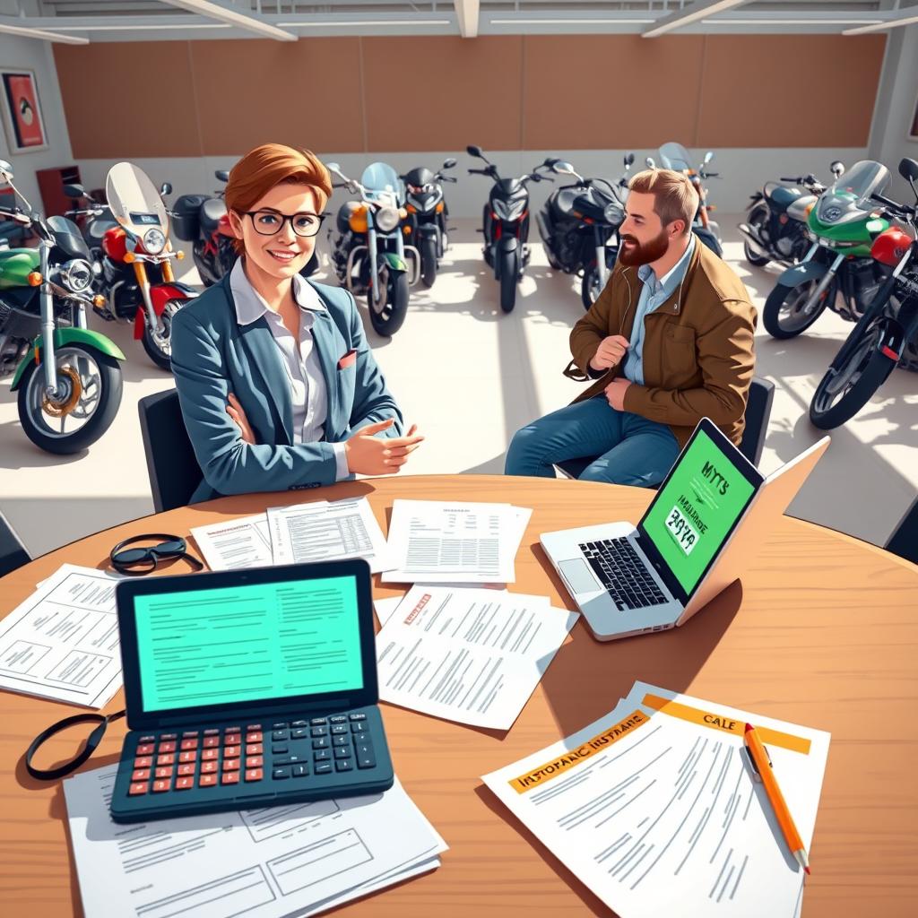 A visually engaging illustration exploring common motorcycle insurance myths. In the foreground, depict a well-organized table with various motorcycle insurance documents, a calculator, and a laptop displaying an insurance quote. In the middle ground, include a confident, professional-looking individual in modest casual attire, discussing these myths with an interested motorcyclist, both engaged in conversation. In the background, showcase an array of motorcycles, each representing different types and styles. Use bright, natural lighting to convey a sense of optimism and clarity, creating a welcoming atmosphere. The image should have a balanced composition, emphasizing the importance of understanding motorcycle insurance misconceptions while maintaining a professional yet approachable mood.