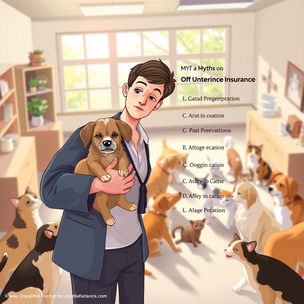 A visually engaging illustration that depicts common misconceptions about pet insurance. In the foreground, a concerned pet owner, wearing professional attire, holds a small dog, looking thoughtfully at a list of myths (not visible) regarding pet insurance. In the middle ground, a group of diverse cats and dogs play together, symbolizing the idea of pet well-being. In the background, a warm and inviting veterinary clinic is depicted, with soft sunlight streaming through the windows, creating a comforting atmosphere. The angle is a slight bird’s-eye view, providing an overview of the scene while maintaining focus on the pet owner. The mood is thoughtful yet optimistic, creating a sense of awareness and clarity about pet insurance.
