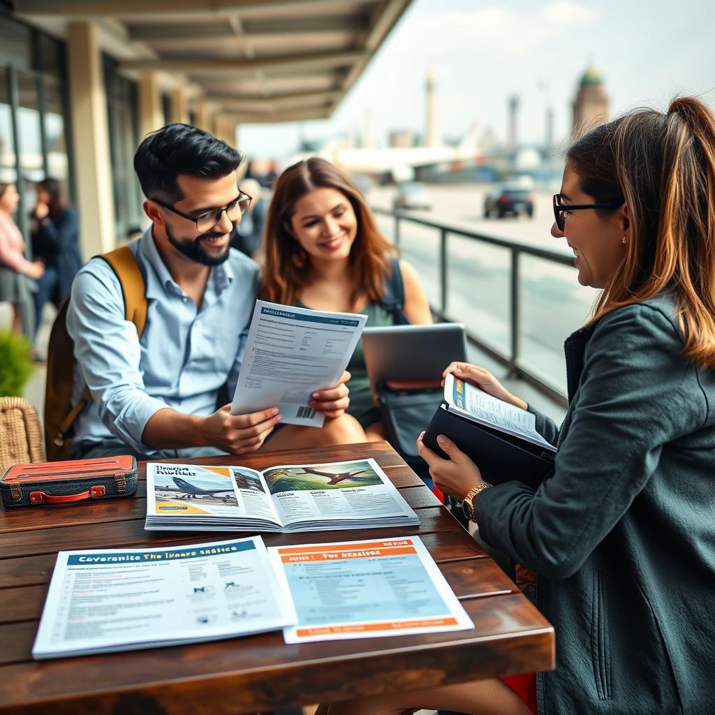 A visually engaging image illustrating the concept of comprehensive travel insurance plans. In the foreground, display a detailed travel scenario: a smiling, diverse group of travelers, dressed in smart casual clothing, reviewing insurance documents together at an outdoor café, with a tablet showing travel details. In the middle ground, include a well-organized table with brochures depicting different travel insurance options, emphasizing the comparison aspect with clear visuals of coverage types. In the background, capture iconic travel landmarks such as an airport or famous destination to evoke a sense of adventure. Utilize soft, natural lighting to create an inviting atmosphere, with a shallow depth of field to keep the focus on the group and documents. The mood should be informative yet optimistic, encapsulating the importance of comprehensive insurance for worry-free travel.