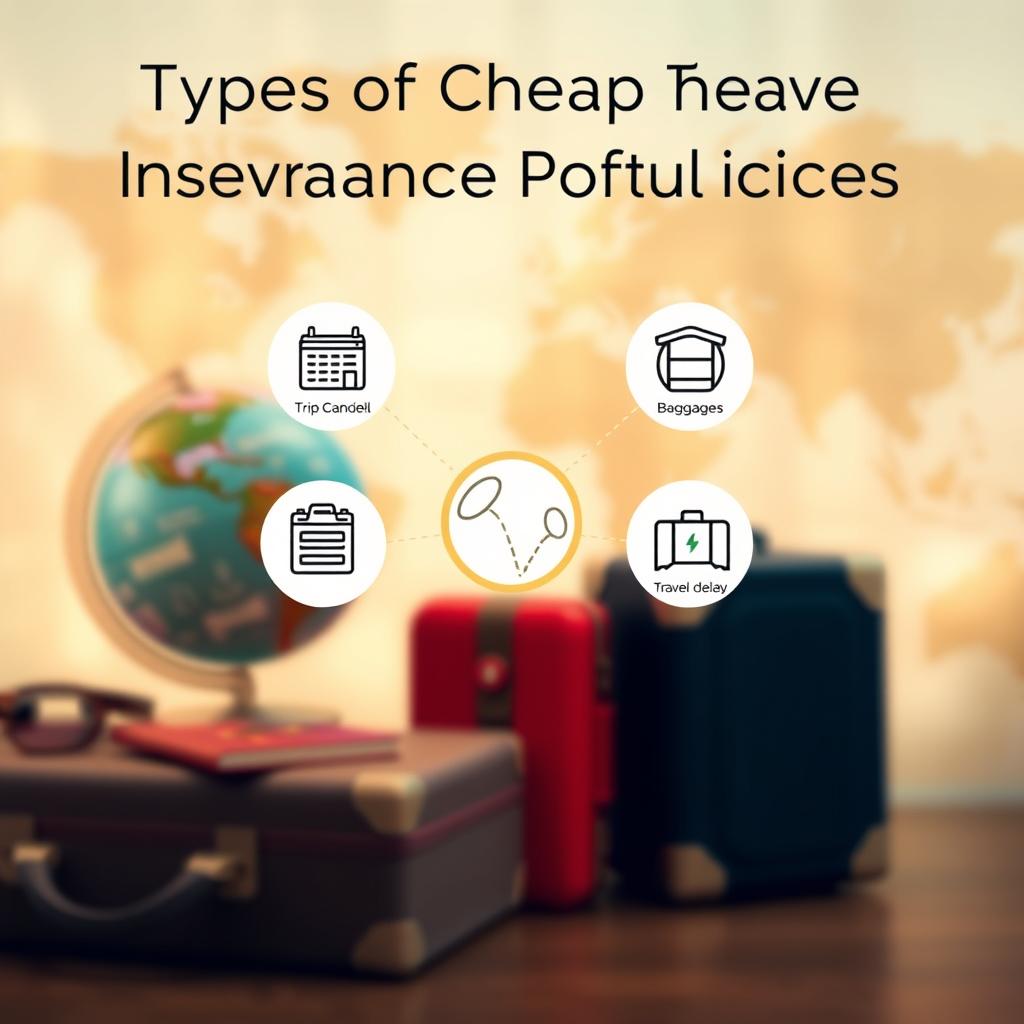 A visually engaging infographic displaying the "Types of Cheap Travel Insurance Policies." In the foreground, feature distinct travel insurance icons representing different policy types: trip cancellation, medical coverage, baggage protection, and travel delay. In the middle, arrange these icons in a circular layout with connecting lines, portraying their relationships. The background should display soft, textured travel-themed imagery, such as a globe, passport, and suitcases, giving a sense of wanderlust. Use warm, inviting lighting to enhance the overall atmosphere, with a slight focus blur on the background to draw attention to the icons. The camera angle should be slightly elevated to create depth and a professional but friendly look, ideal for an informative article section.