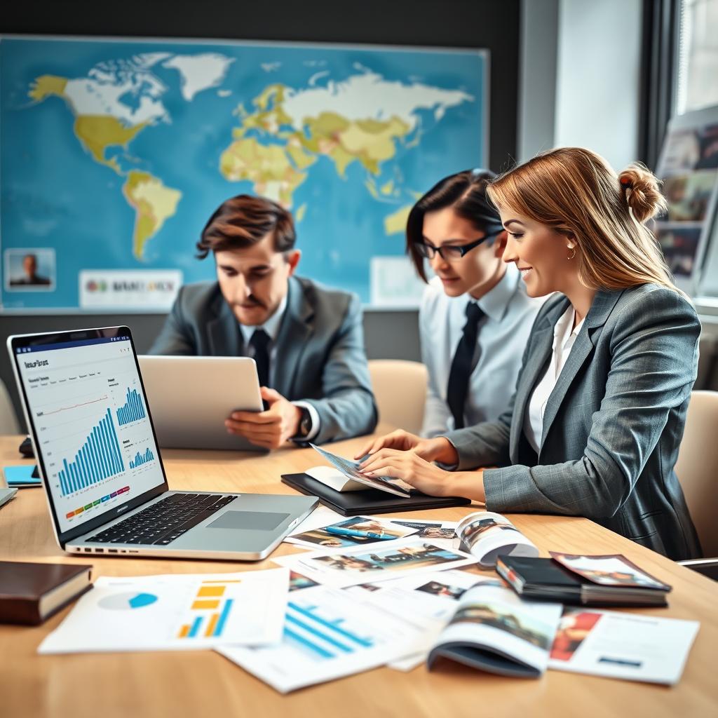 A visually engaging scene depicting a stylish, professional workspace featuring two individuals, one male and one female, both dressed in smart casual business attire, intently comparing various travel insurance options on laptop screens. In the foreground, a laptop displays colorful graphs and charts summarizing cheap travel insurance deals. The middle ground features documents and brochures scattered across a clean desk, emphasizing a thorough comparison process. The background consists of a world map and travel-related images, conveying the theme of international travel. The lighting should be bright and natural, suggesting a productive atmosphere, with a warm, inviting ambiance. The image should evoke a sense of confidence and clarity in making informed travel insurance choices.