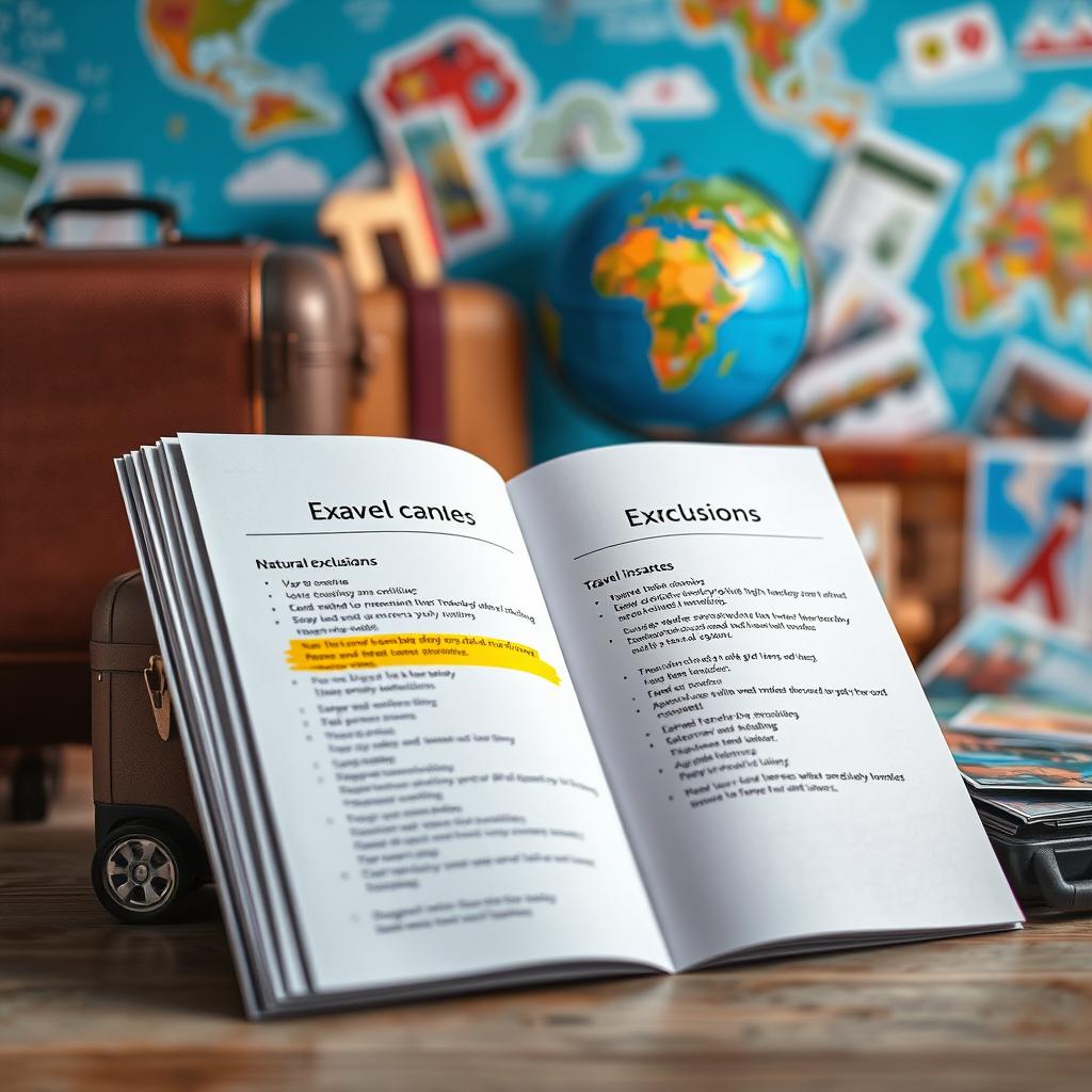 A visually engaging scene depicting a travel insurance policy document with highlighted exclusions. In the foreground, an open insurance policy booklet displaying bullet points of common exclusions such as natural disasters, pre-existing conditions, and high-risk activities. A vibrant travel-related background features suitcases, a globe, and postcards, evoking wanderlust. Soft, natural lighting illuminates the scene to create a welcoming and informative atmosphere. The angle is slightly above eye level, focusing on the booklet to emphasize its importance. Create a calming mood that conveys clarity and peace of mind about understanding insurance exclusions, aiming for a professional yet approachable feel.