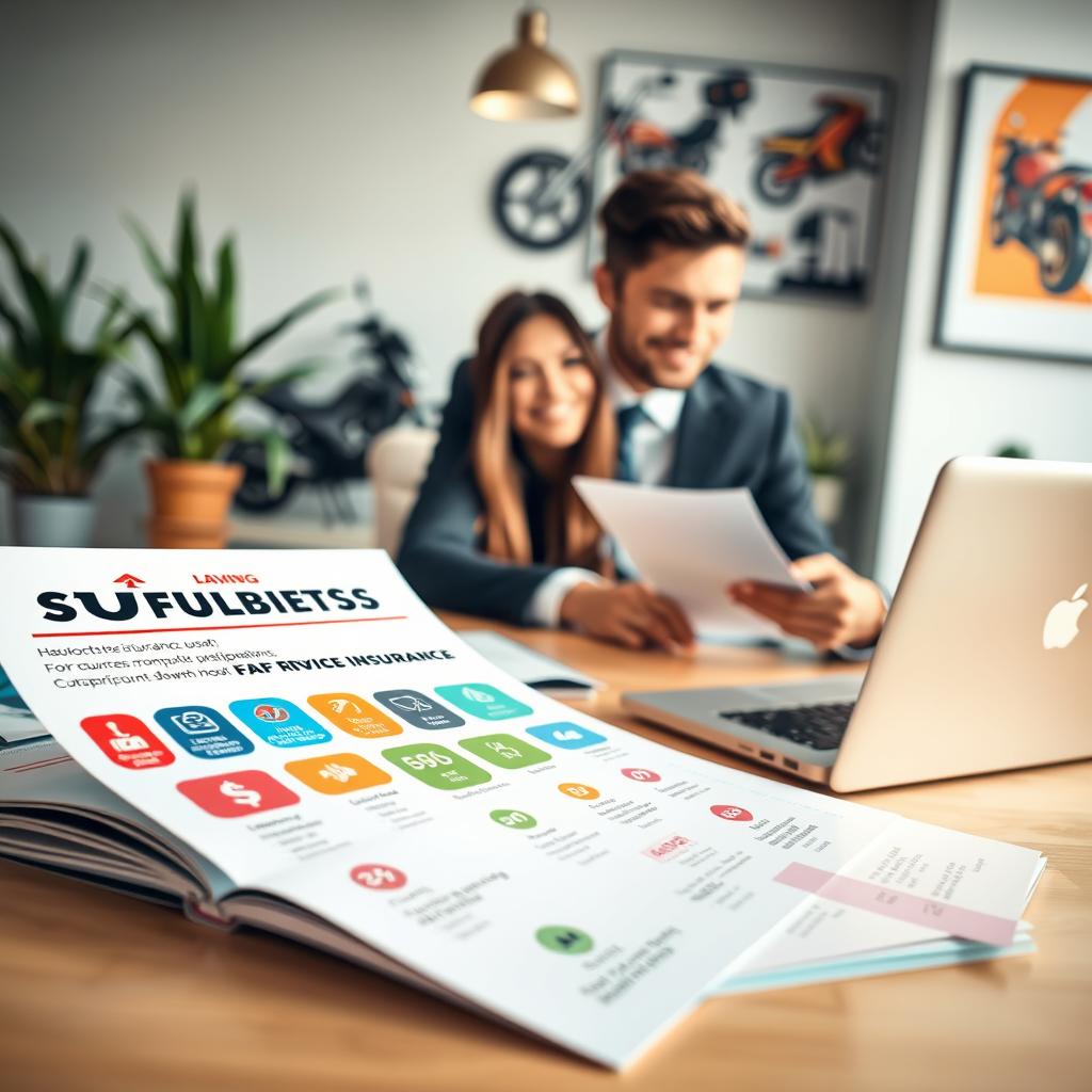 A visually engaging scene depicting a young adult couple, dressed in professional business attire, sitting at a modern desk surrounded by motorcycle insurance brochures and a laptop displaying discount information. In the foreground, there's a close-up of the brochures highlighting various insurance discounts, with colorful icons representing savings options like safe riding courses, bundled policies, and loyalty rewards. The middle ground features the couple attentively engaging with the material, appearing focused and discussing lively options. The background contains a bright, well-lit office space, emphasizing a sense of professionalism and organization, with plants and motorcycle-themed wall art adding personality. The lighting is warm and inviting, creating an atmosphere of optimism and financial savvy.