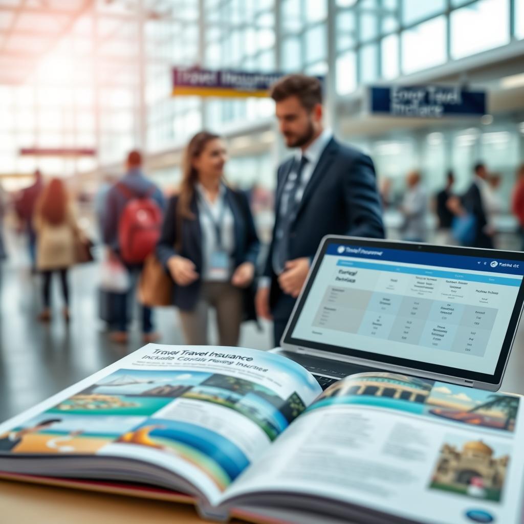 A visually engaging scene depicting various travel insurance plans that include COVID coverage. In the foreground, display an open travel insurance brochure featuring vibrant images of popular travel destinations such as beaches and historical sites. In the middle ground, include a professional-looking couple in business attire discussing their travel plans, with a laptop showing a comparison of insurance options. The background should showcase a blurred airport terminal filled with travelers, suggesting the excitement of travel. Soft, natural lighting streams in from a nearby window, creating a warm and hopeful atmosphere. Use a wide-angle perspective to capture the scene in detail, emphasizing the importance of planning for travel health and safety. The overall mood should convey preparation and reassurance.