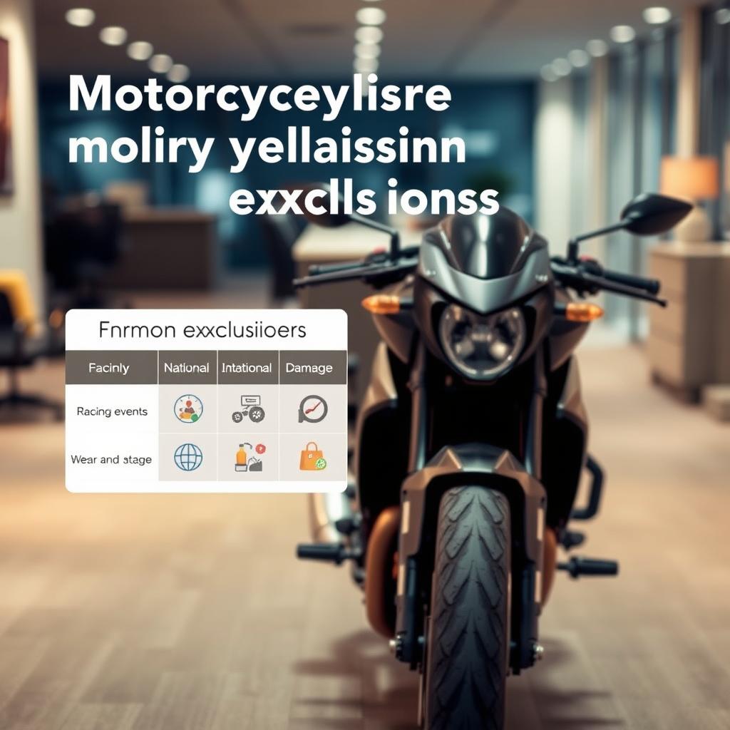 A visually engaging scene illustrating various motorcycle insurance policy options, with a clear focus on key exclusions. In the foreground, a sleek motorcycle is parked, showcasing its details and design. In the middle ground, a visually appealing chart or infographic displays common exclusions, such as "racing events," "wear and tear," and "intentional damage," represented with icons or images. The background features a blurred office environment, suggesting a professional atmosphere, with soft lighting to create a warm, inviting mood. The angle is slightly above eye level, giving a dynamic perspective. The overall tone is informative and serious, catering to riders looking for comprehensive insurance solutions while ensuring a sense of safety. A visually engaging scene illustrating various motorcycle insurance policy options, with a clear focus on key exclusions. In the foreground, a sleek motorcycle is parked, showcasing its details and design. In the middle ground, a visually appealing chart or infographic displays common exclusions, such as "racing events," "wear and tear," and "intentional damage," represented with icons or images. The background features a blurred office environment, suggesting a professional atmosphere, with soft lighting to create a warm, inviting mood. The angle is slightly above eye level, giving a dynamic perspective. The overall tone is informative and serious, catering to riders looking for comprehensive insurance solutions while ensuring a sense of safety.